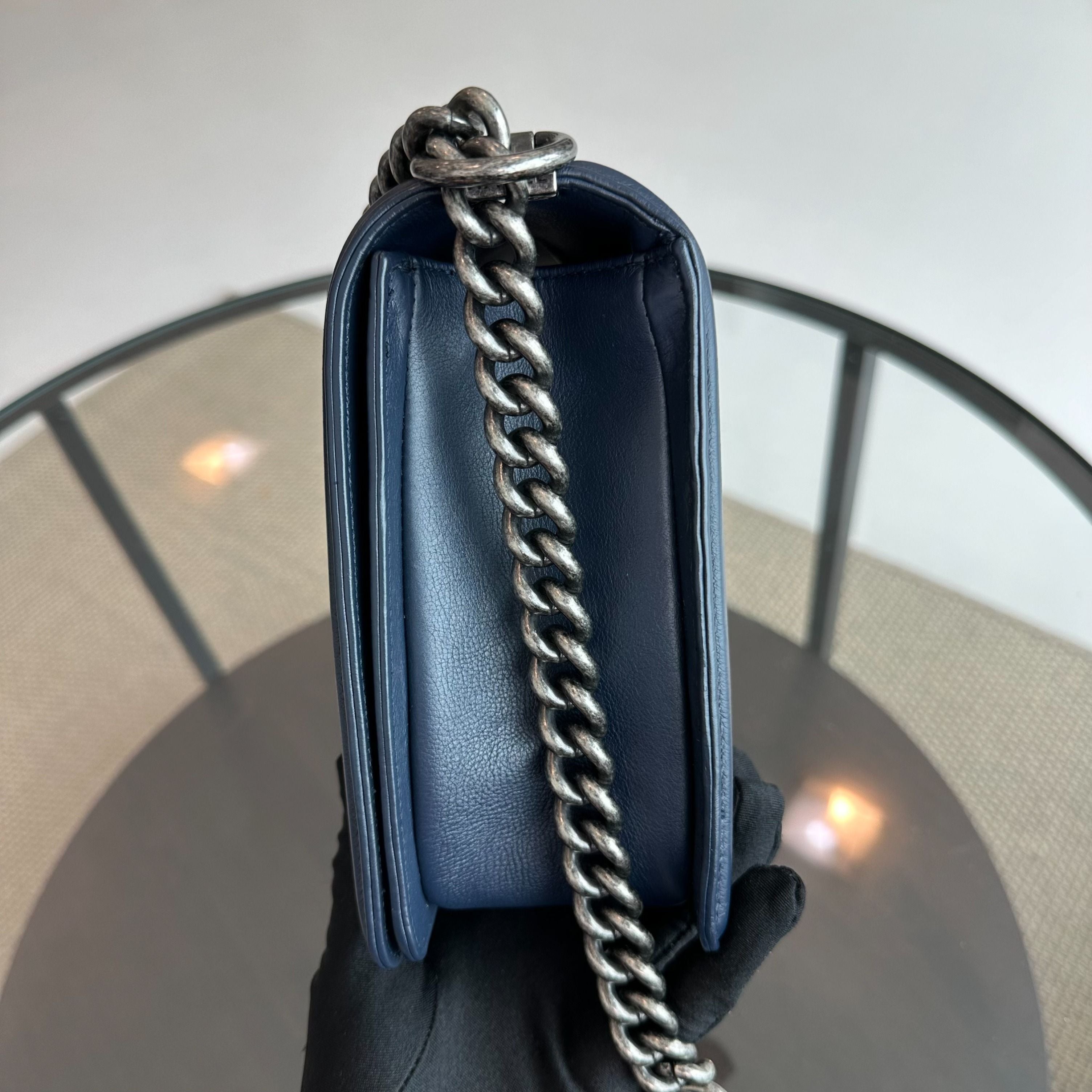 Chanel Boy New Medium 28CM Calfskin Leboy Dark Blue No 18 - Luxury Evermore