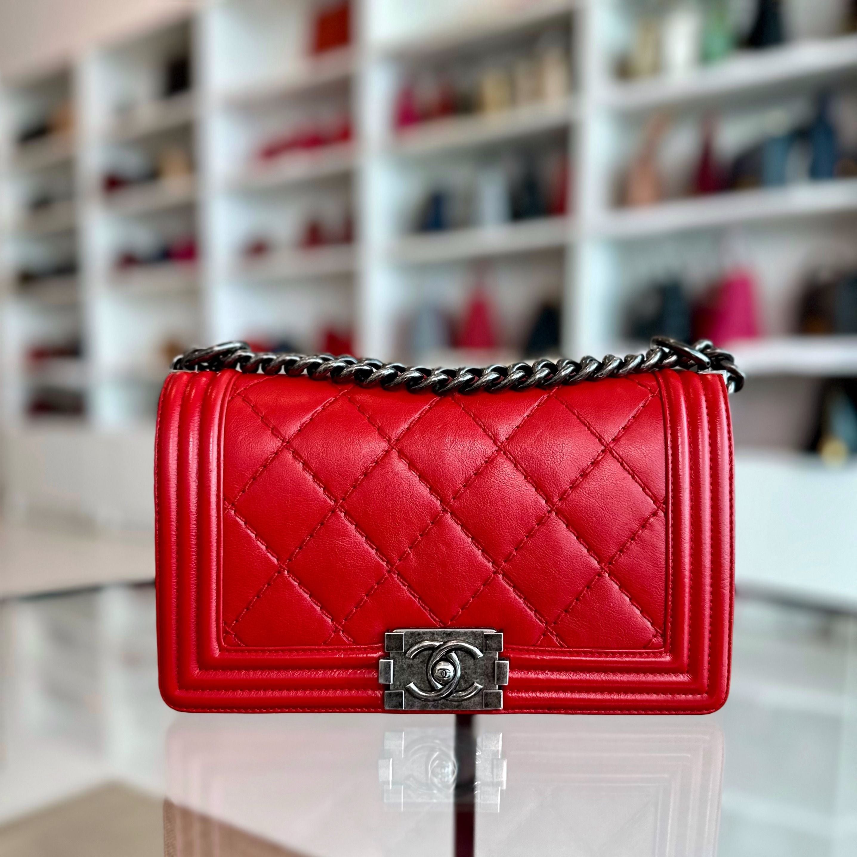 Chanel Boy Old Medium 25cm Calfskin Red RSHW No 1 - Luxury Evermore