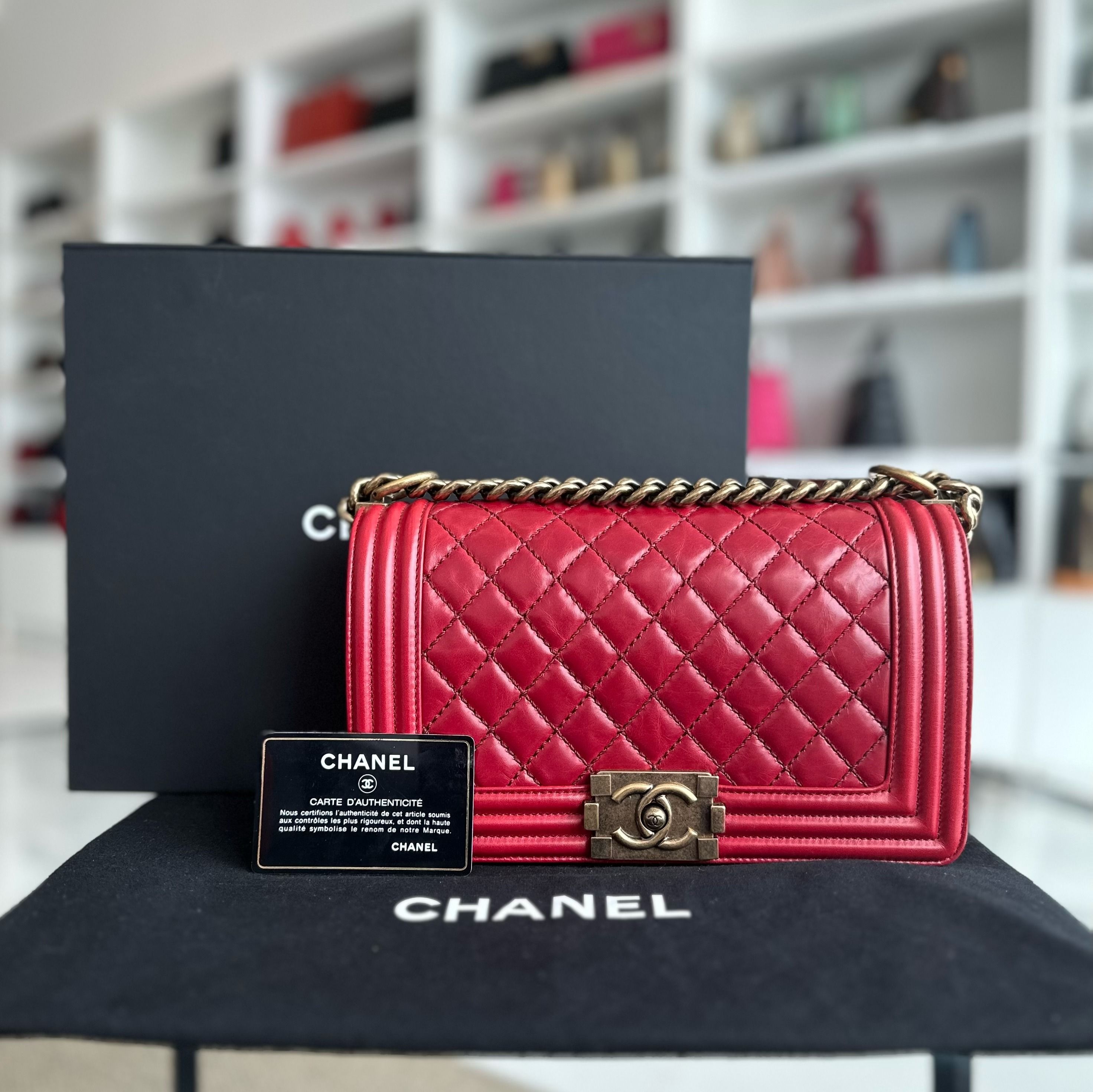 Chanel Boy Old Medium 25CM Glazed Calfskin with Antique GHW No 17 - Luxury Evermore