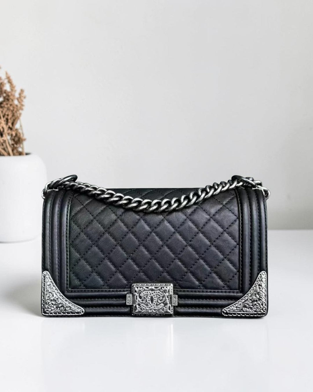Chanel Boy Medium - 25CM Paris-Dallas Metal Edge Grained Calfskin Black Silver Hardware Series 19