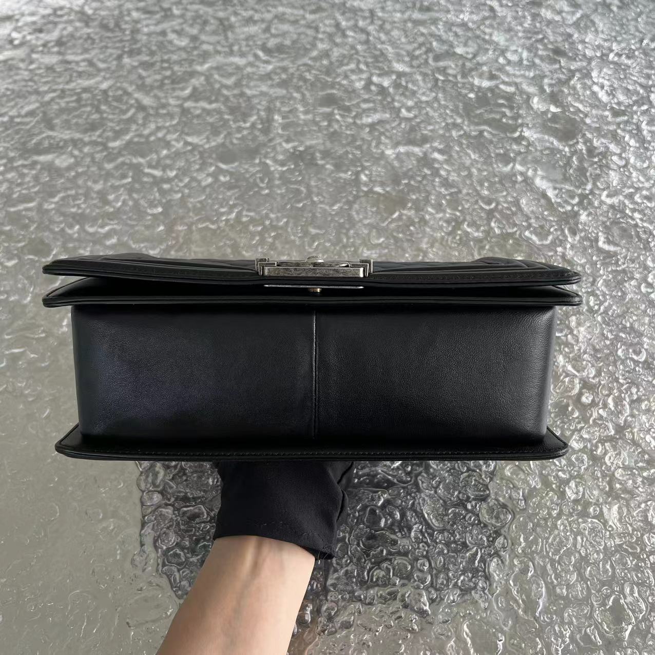 Chanel Boy Old Medium 25CM Quilted Lambskin Black Leboy Ruthenium Silver Hardware - Luxury Evermore