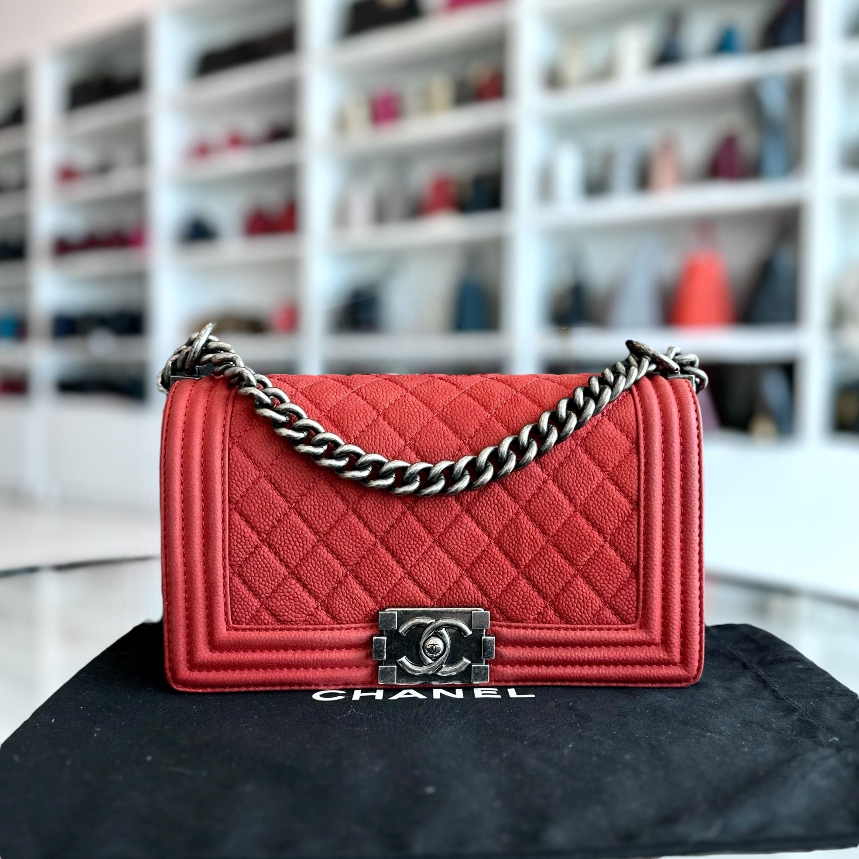 Chanel Boy Old Medium 25CM Quilted Suede Caviar Calfskin Leboy Red RSHW No 18 - Luxury Evermore
