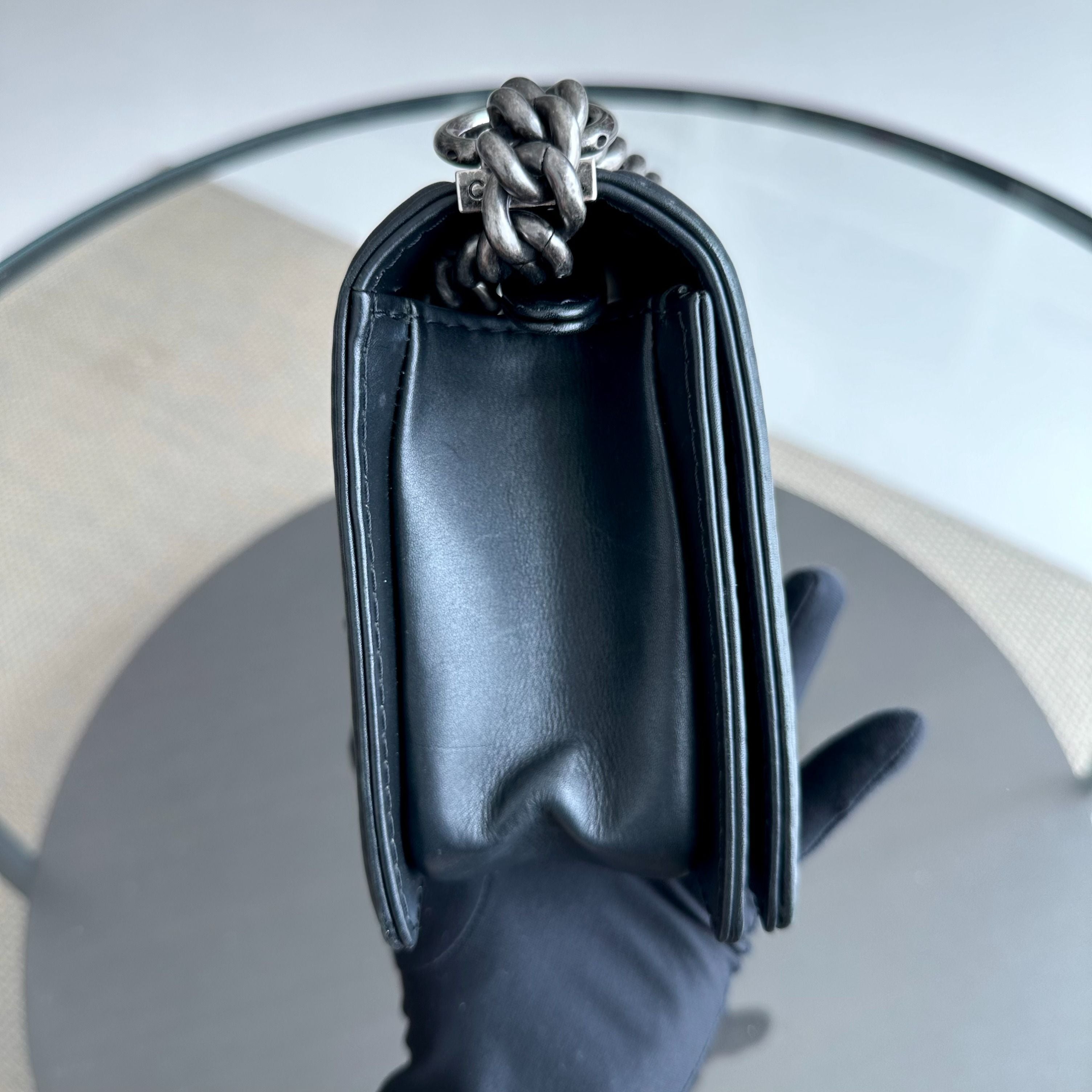 Chanel Boy Old Medium 25CM Stitched Quilted Leboy Black RSHW No 18 - Luxury Evermore