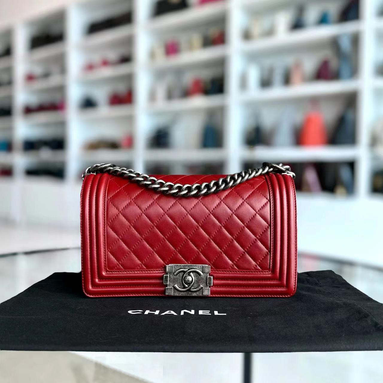 Chanel Boy Old Medium Quilted Lambskin Leboy Red RSHW No 18 - Luxury Evermore