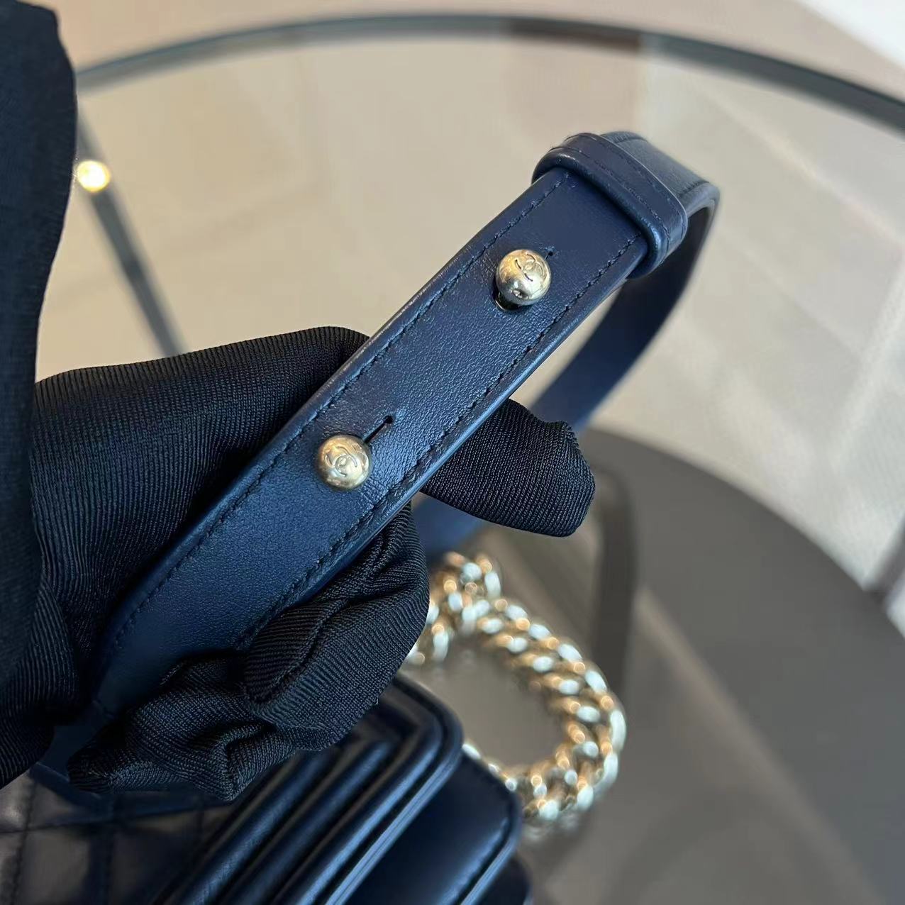 Chanel Boy Small 20CM Quilted Lambskin Dark Navy Blue Leboy Golden Hardware Series 25 - Luxury Evermore