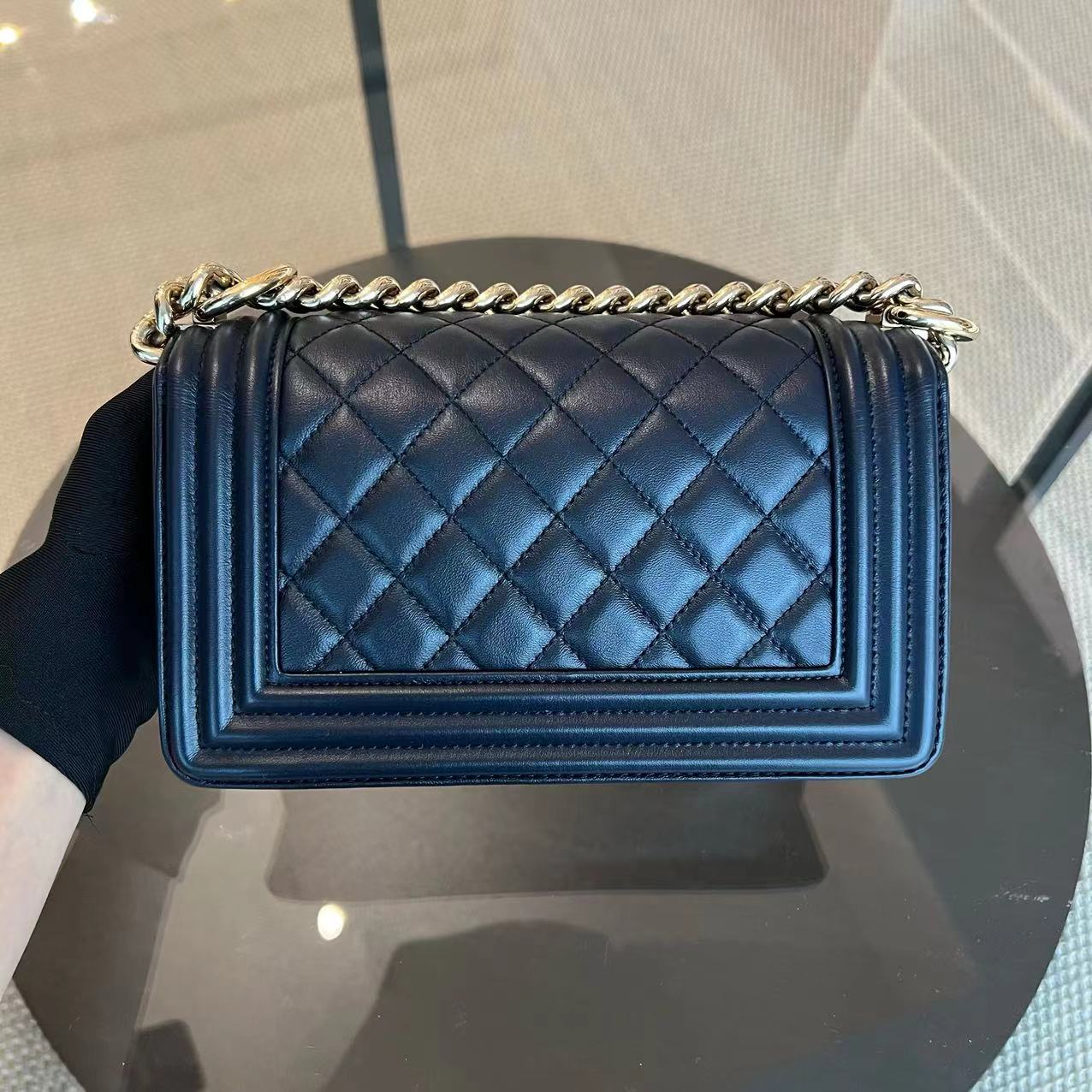 Chanel Boy Small 20CM Quilted Lambskin Dark Navy Blue Leboy Golden Hardware Series 25 - Luxury Evermore