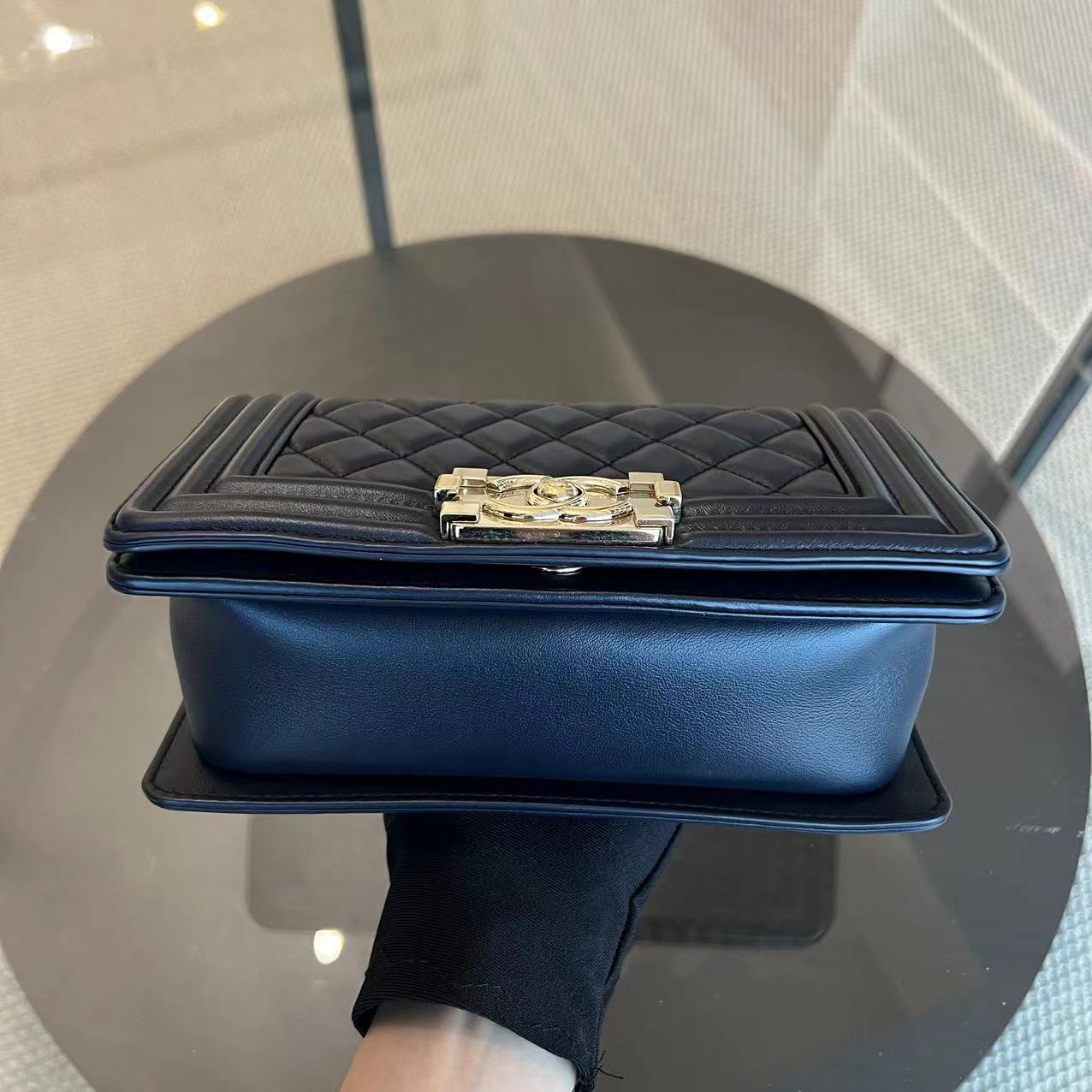 Chanel Boy Small 20CM Quilted Lambskin Dark Navy Blue Leboy Golden Hardware Series 25 - Luxury Evermore