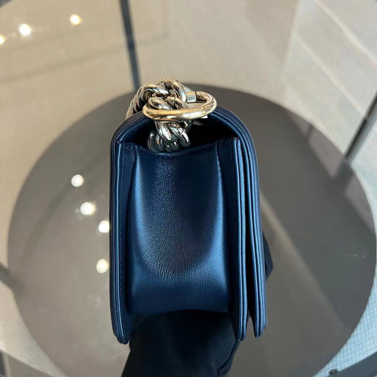 Chanel Boy Small 20CM Quilted Lambskin Dark Navy Blue Leboy Golden Hardware Series 25 - Luxury Evermore