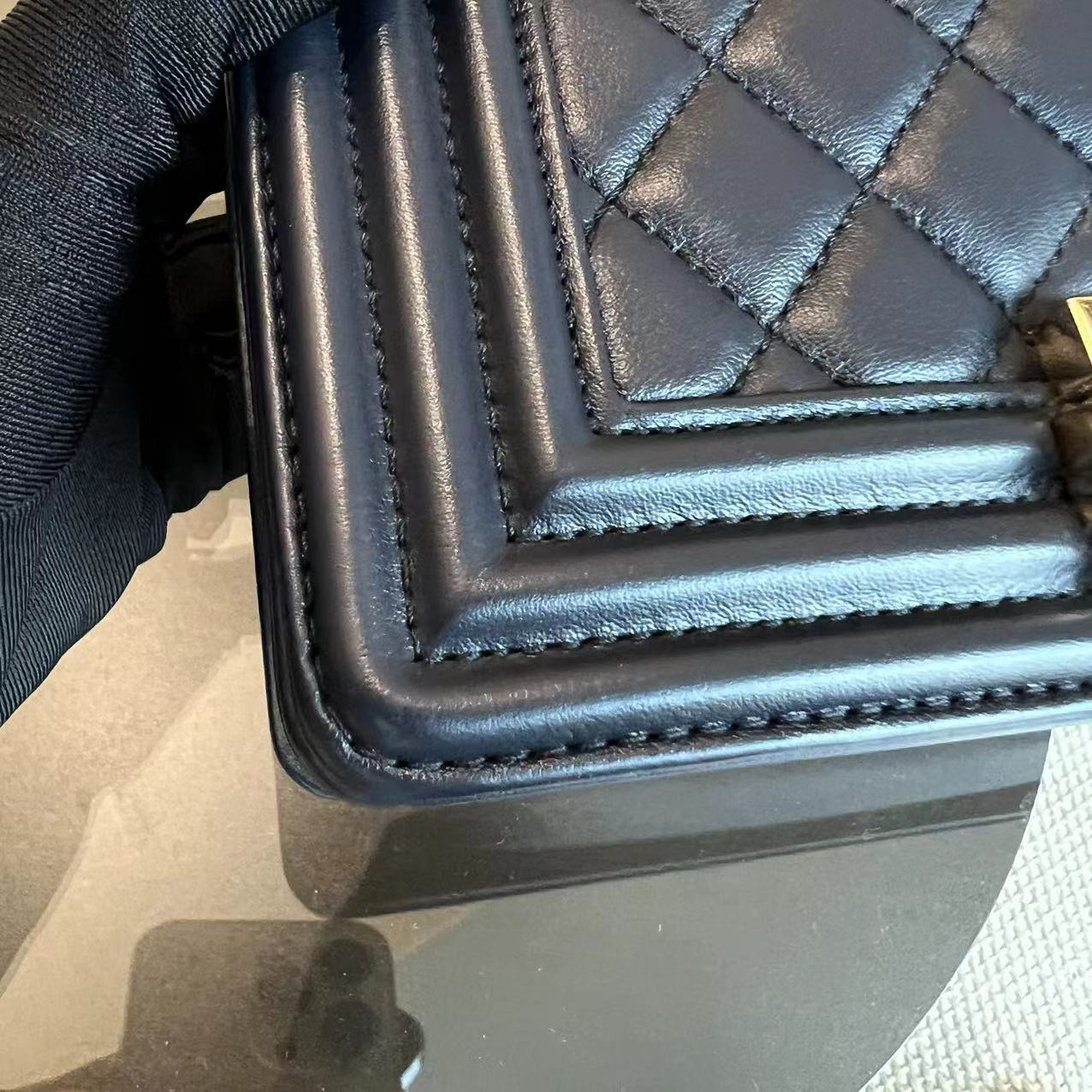 Chanel Boy Small 20CM Quilted Lambskin Dark Navy Blue Leboy Golden Hardware Series 25 - Luxury Evermore