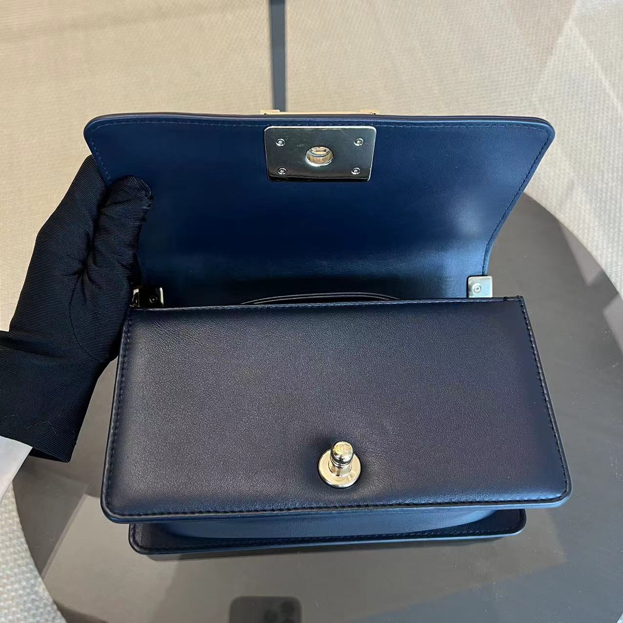 Chanel Boy Small 20CM Quilted Lambskin Dark Navy Blue Leboy Golden Hardware Series 25 - Luxury Evermore