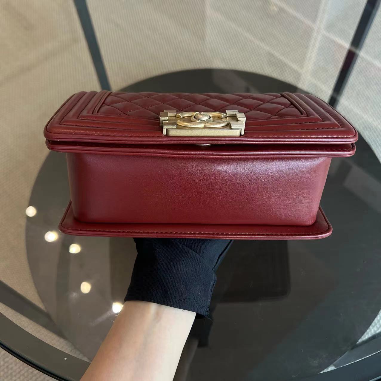 Chanel Boy Small Quilted Lambskin Dark Red Golden Hardware Leboy Series 24 - Luxury Evermore