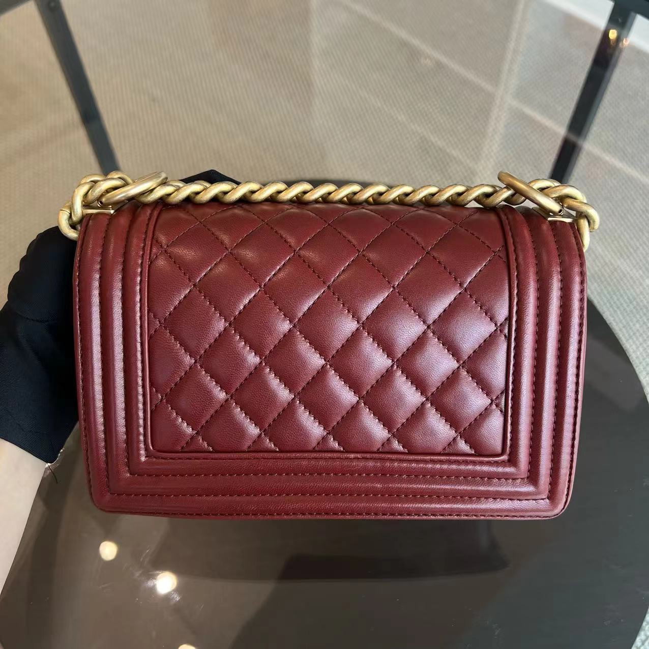 Chanel Boy Small Quilted Lambskin Dark Red Golden Hardware Leboy Series 24 - Luxury Evermore