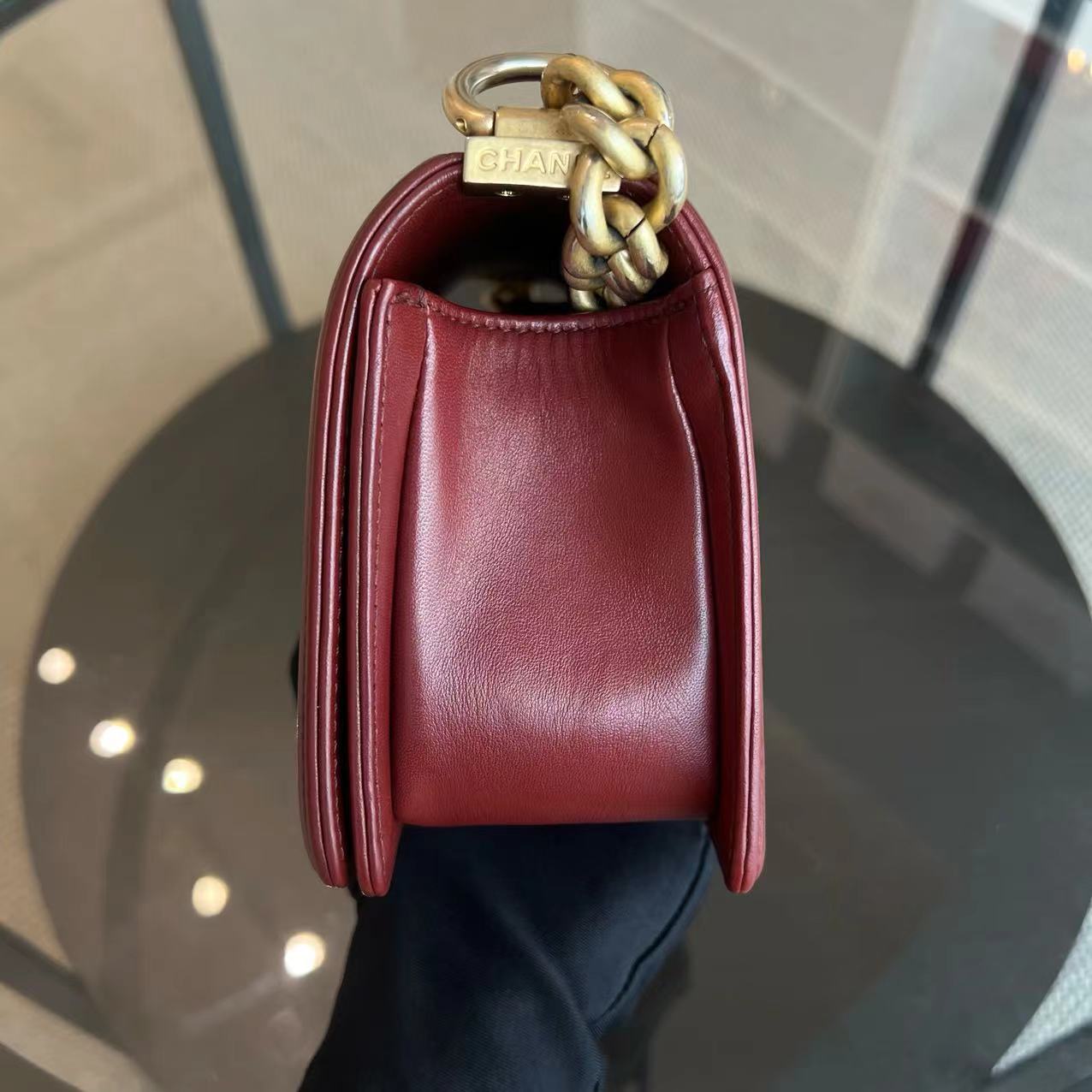 Chanel Boy Small Quilted Lambskin Dark Red Golden Hardware Leboy Series 24 - Luxury Evermore