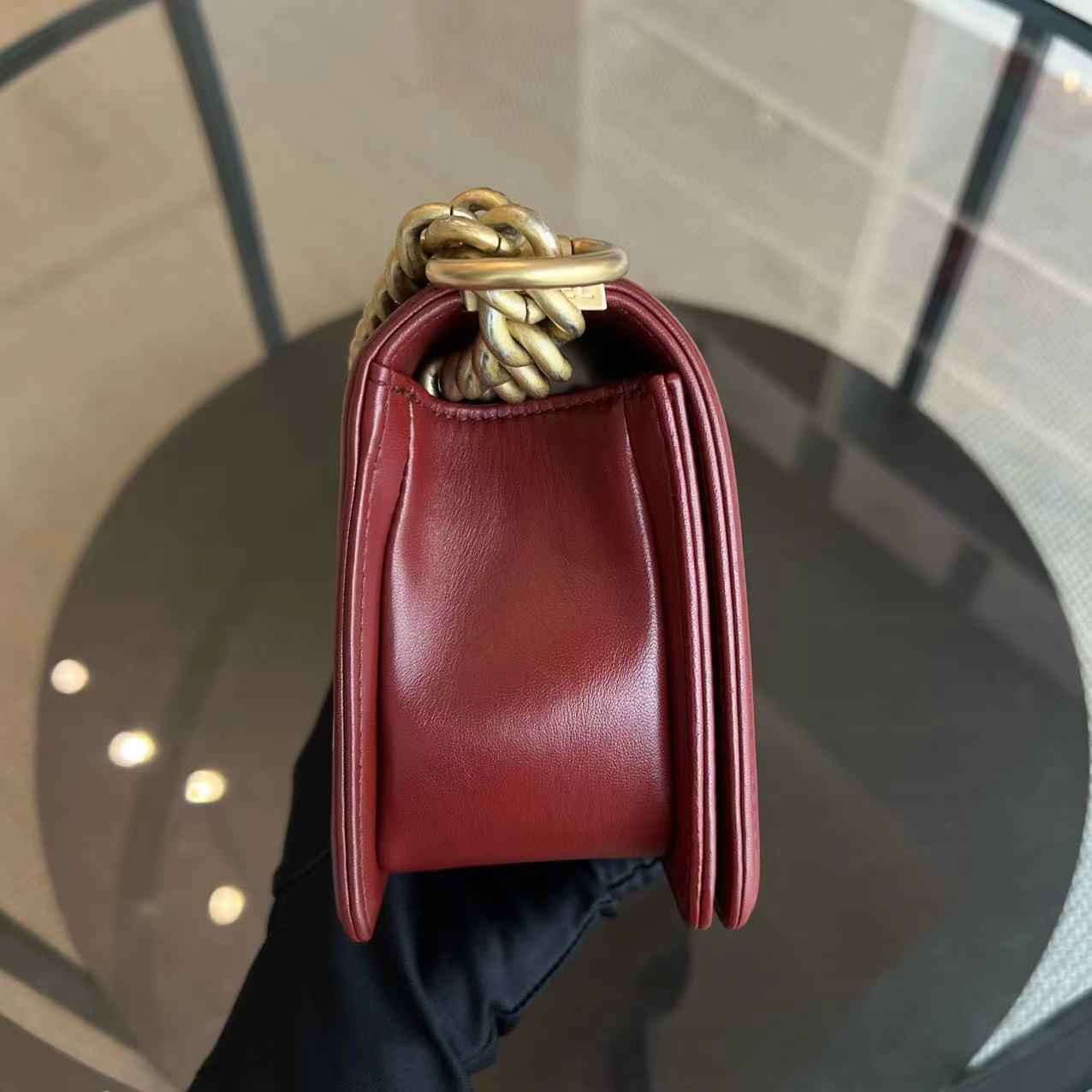 Chanel Boy Small Quilted Lambskin Dark Red Golden Hardware Leboy Series 24 - Luxury Evermore