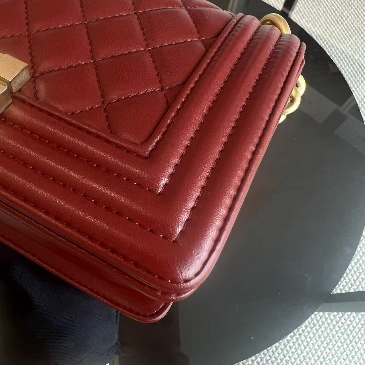 Chanel Boy Small Quilted Lambskin Dark Red Golden Hardware Leboy Series 24 - Luxury Evermore