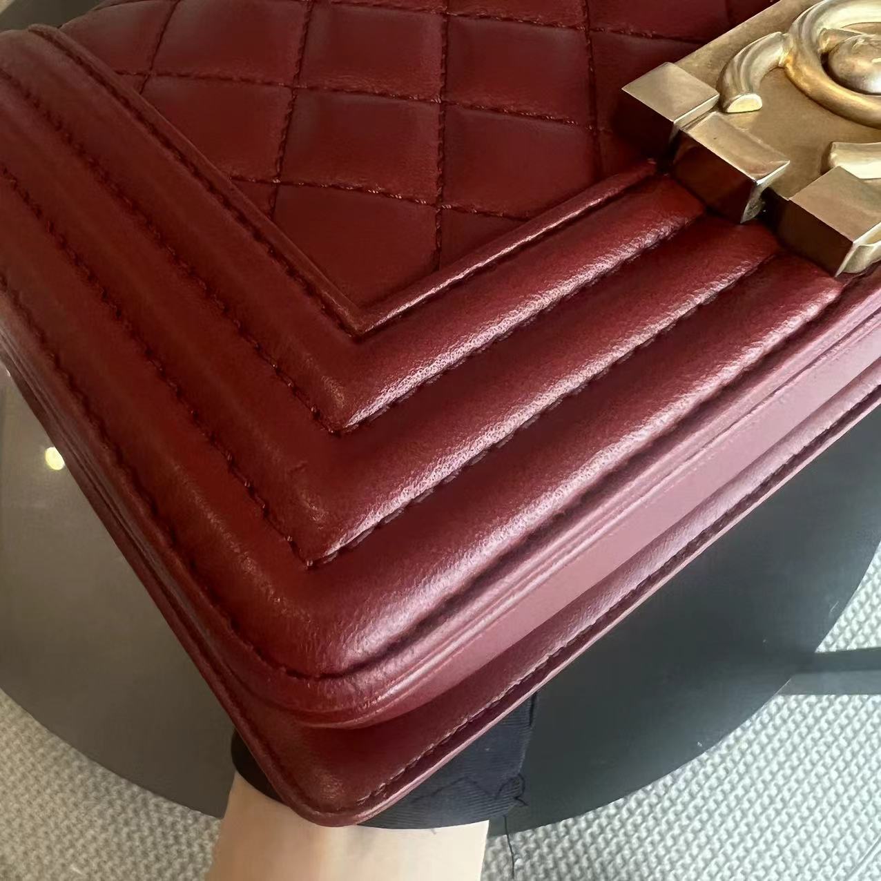 Chanel Boy Small Quilted Lambskin Dark Red Golden Hardware Leboy Series 24 - Luxury Evermore