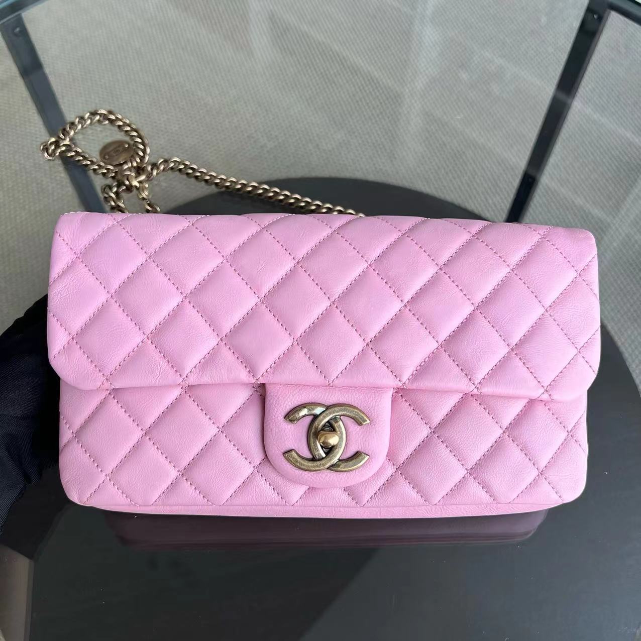 Chanel Calfskin CC Seasonal Flap Zipped Single Flap Quilted Pink Golden Hardware Series 18 - Luxury Evermore