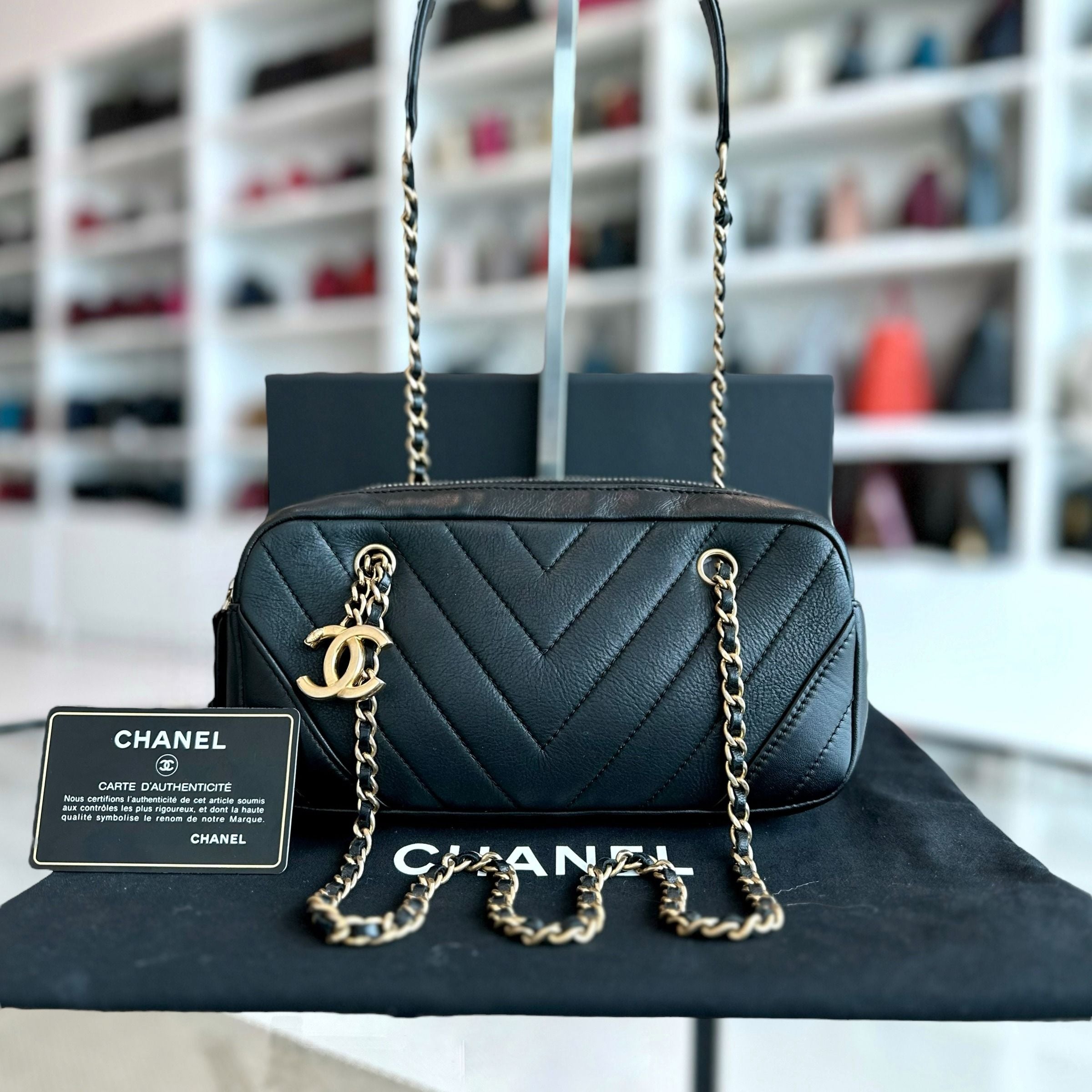 Chanel Camera Chevron Calfskin Small Black Shoulder Bag No 21 - Luxury Evermore
