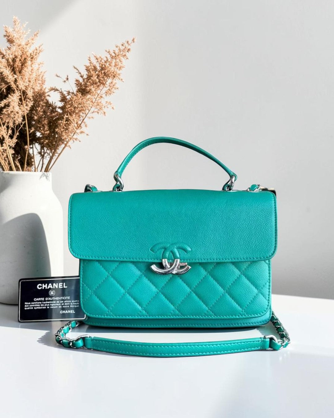 Chanel Caviar 25CM 2017 Urban Handle Quilted Grained Calfskin Green Blue Silver Hardware Series 23