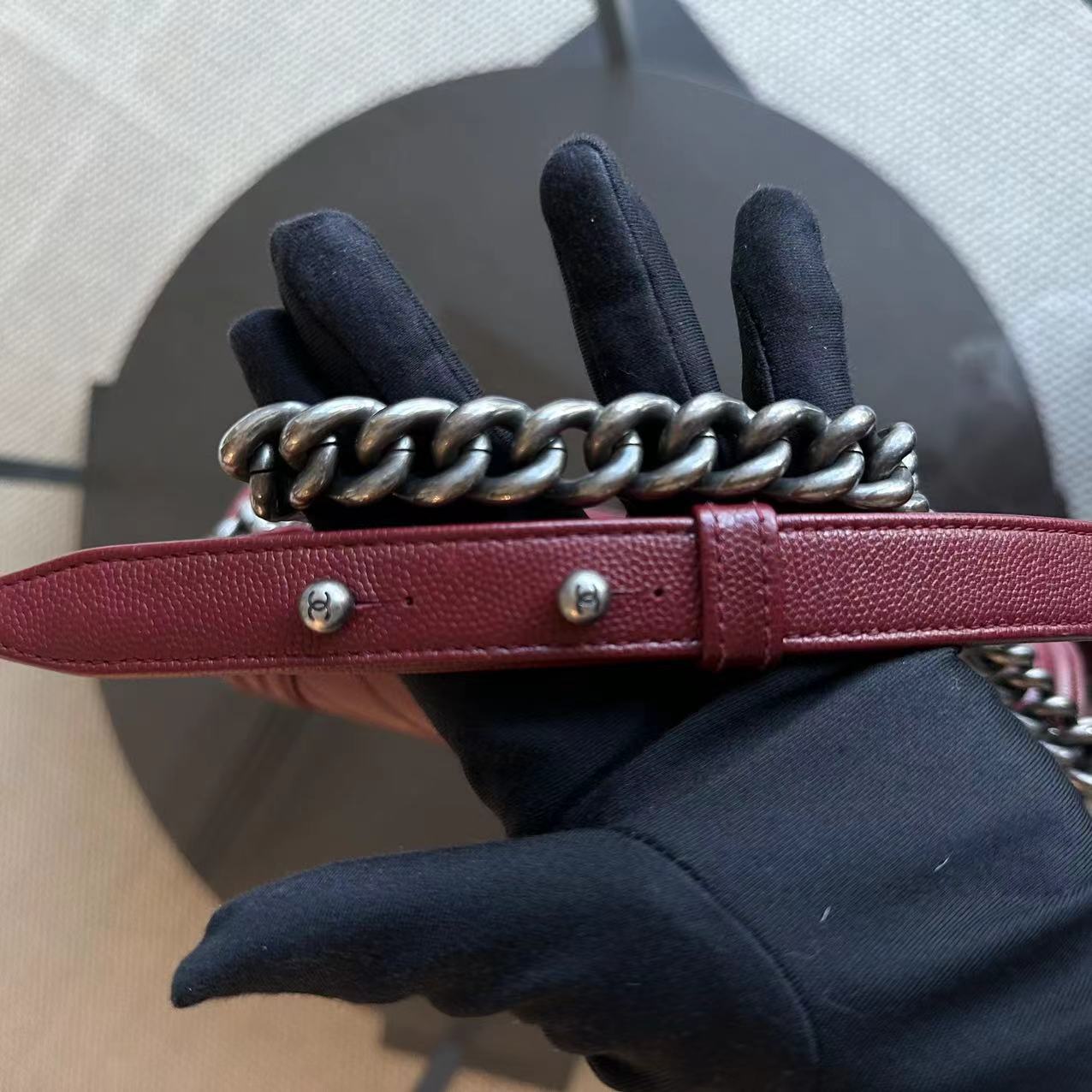 Chanel Caviar Boy Old Medium 25CM Chevron Calfskin Leboy Burgundy Dark Red RSHW No 24 - Luxury Evermore