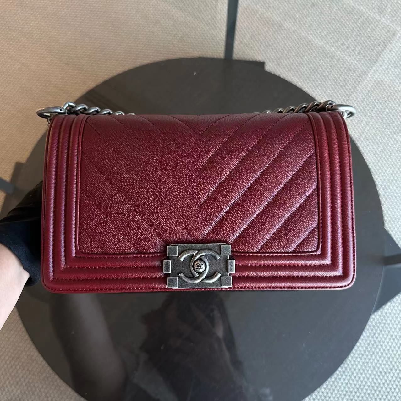 Chanel Caviar Boy Old Medium 25CM Chevron Calfskin Leboy Burgundy Dark Red RSHW No 24 - Luxury Evermore
