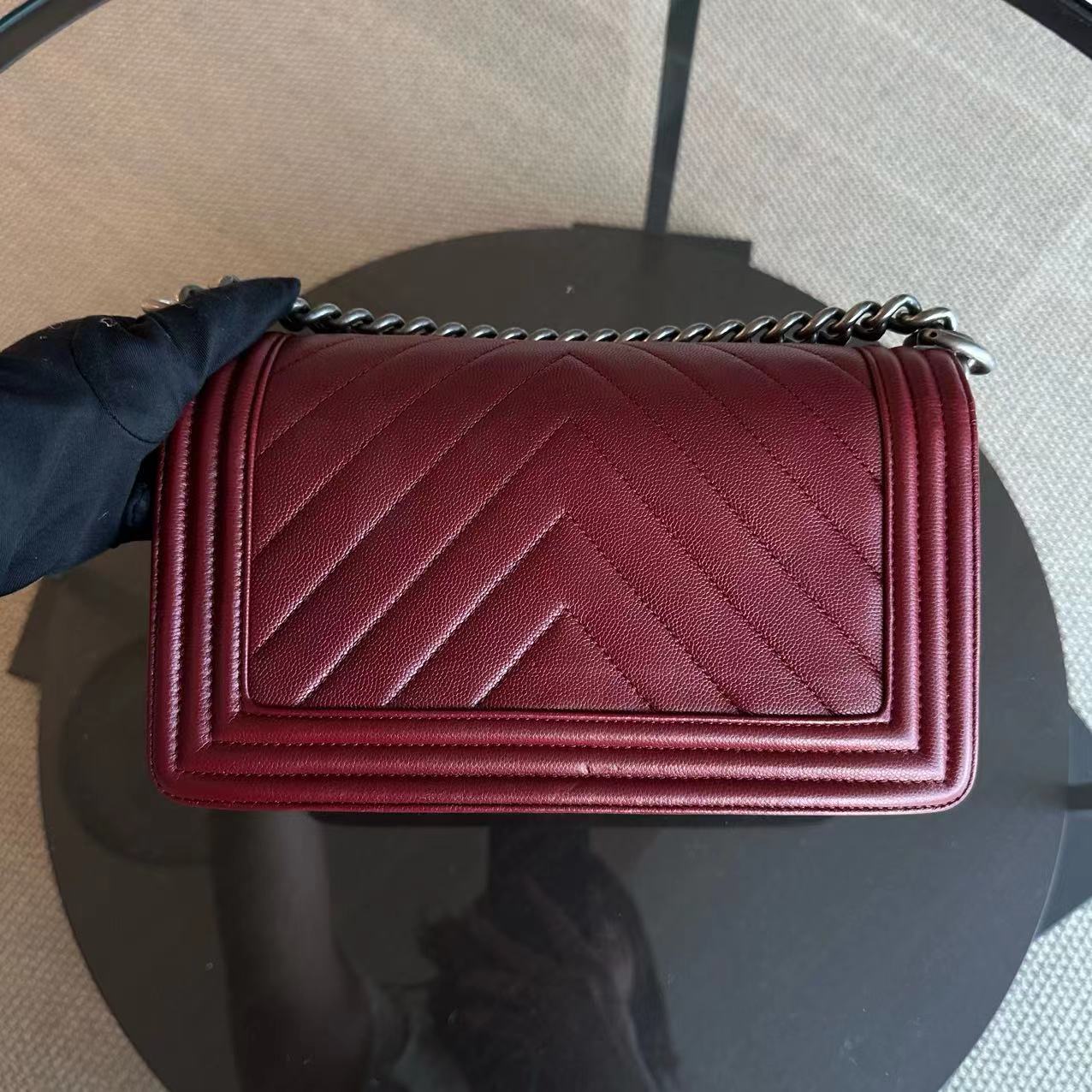 Chanel Caviar Boy Old Medium 25CM Chevron Calfskin Leboy Burgundy Dark Red RSHW No 24 - Luxury Evermore