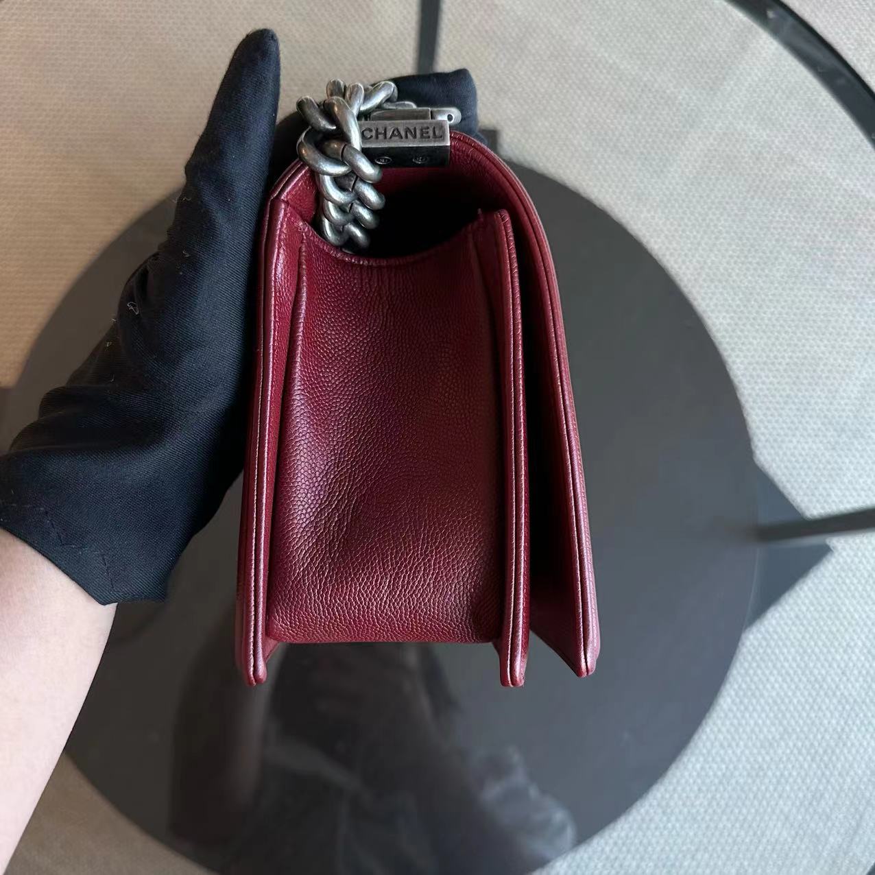 Chanel Caviar Boy Old Medium 25CM Chevron Calfskin Leboy Burgundy Dark Red RSHW No 24 - Luxury Evermore