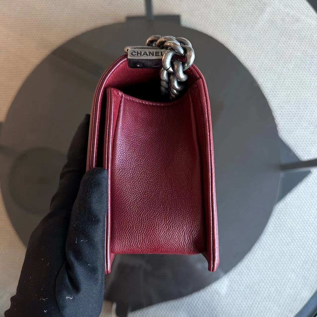 Chanel Caviar Boy Old Medium 25CM Chevron Calfskin Leboy Burgundy Dark Red RSHW No 24 - Luxury Evermore