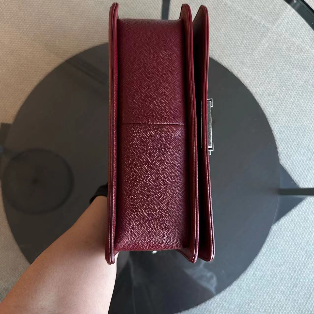 Chanel Caviar Boy Old Medium 25CM Chevron Calfskin Leboy Burgundy Dark Red RSHW No 24 - Luxury Evermore