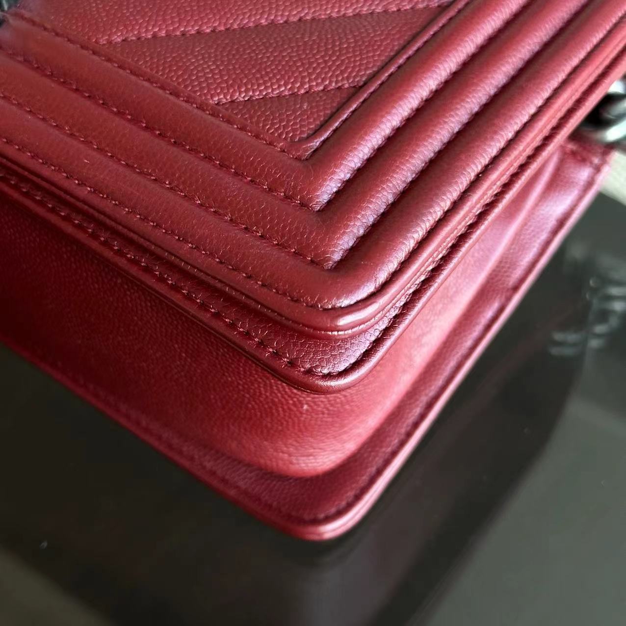 Chanel Caviar Boy Old Medium 25CM Chevron Calfskin Leboy Burgundy Dark Red RSHW No 24 - Luxury Evermore