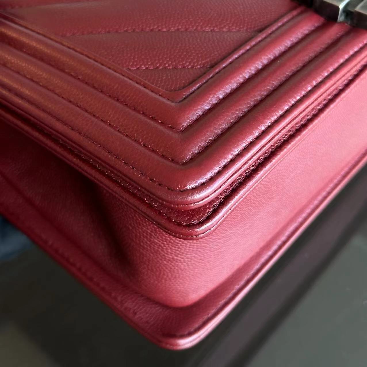 Chanel Caviar Boy Old Medium 25CM Chevron Calfskin Leboy Burgundy Dark Red RSHW No 24 - Luxury Evermore