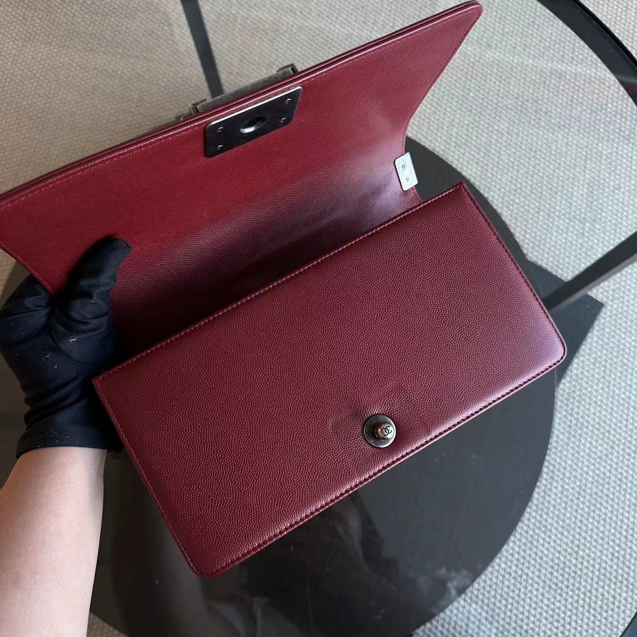 Chanel Caviar Boy Old Medium 25CM Chevron Calfskin Leboy Burgundy Dark Red RSHW No 24 - Luxury Evermore