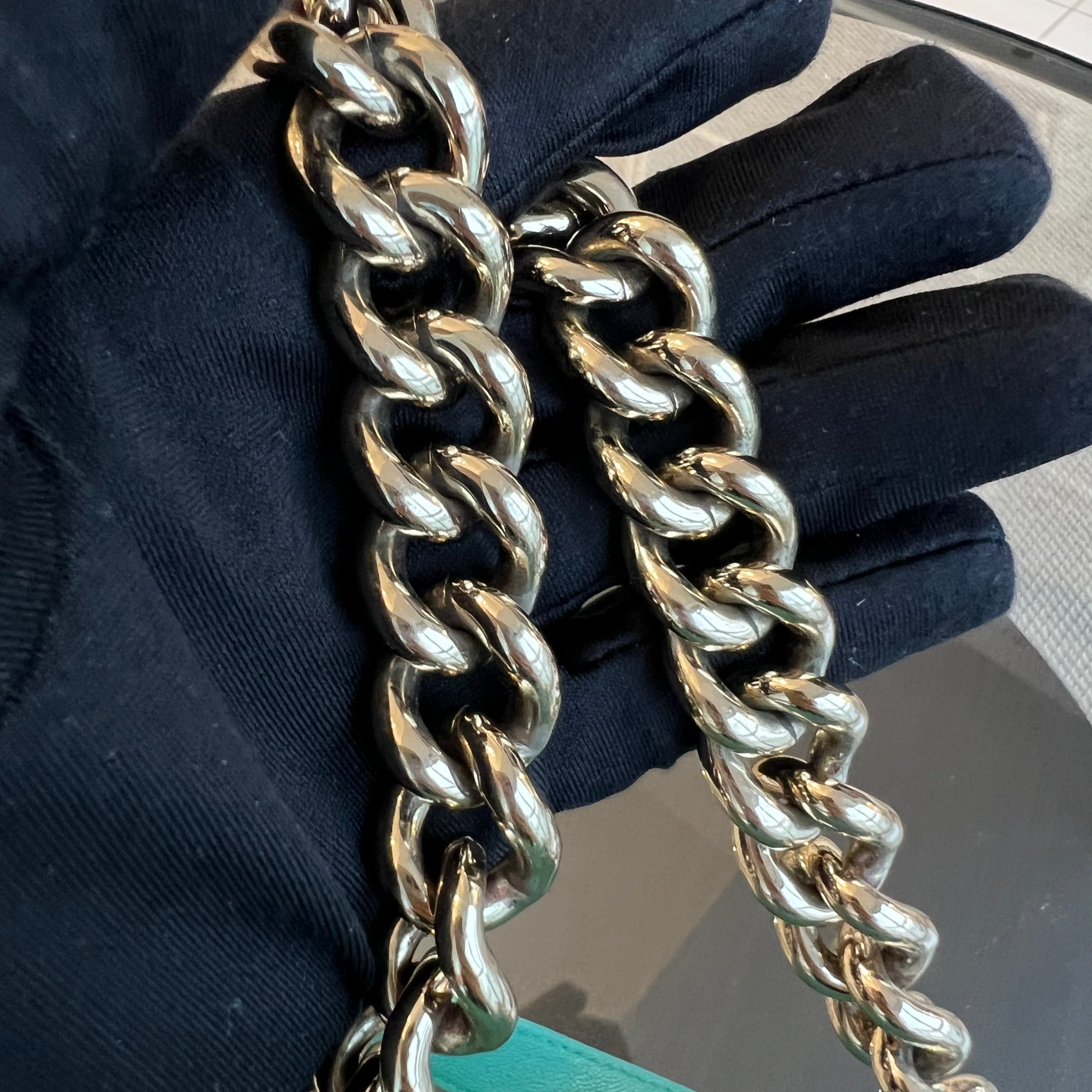 Chanel Caviar Boy Old Medium 25CM Chevron Grained Calfskin Cyan Green Blue Light Golden Hardware Series 27 - Luxury Evermore