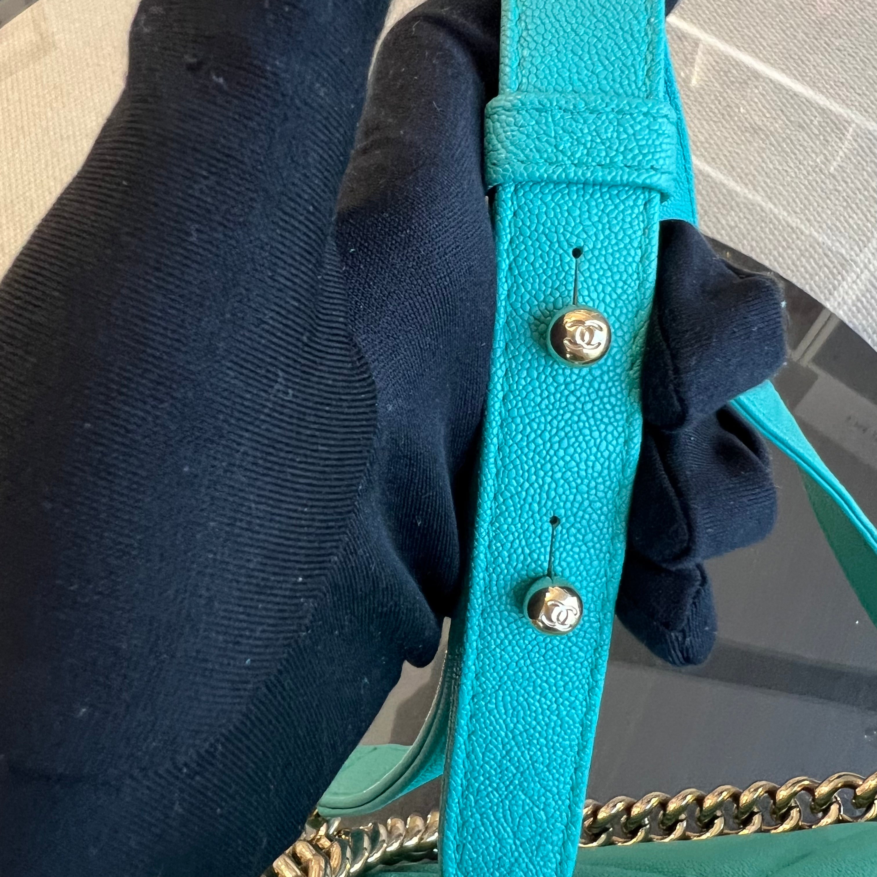 Chanel Caviar Boy Old Medium 25CM Chevron Grained Calfskin Cyan Green Blue Light Golden Hardware Series 27 - Luxury Evermore