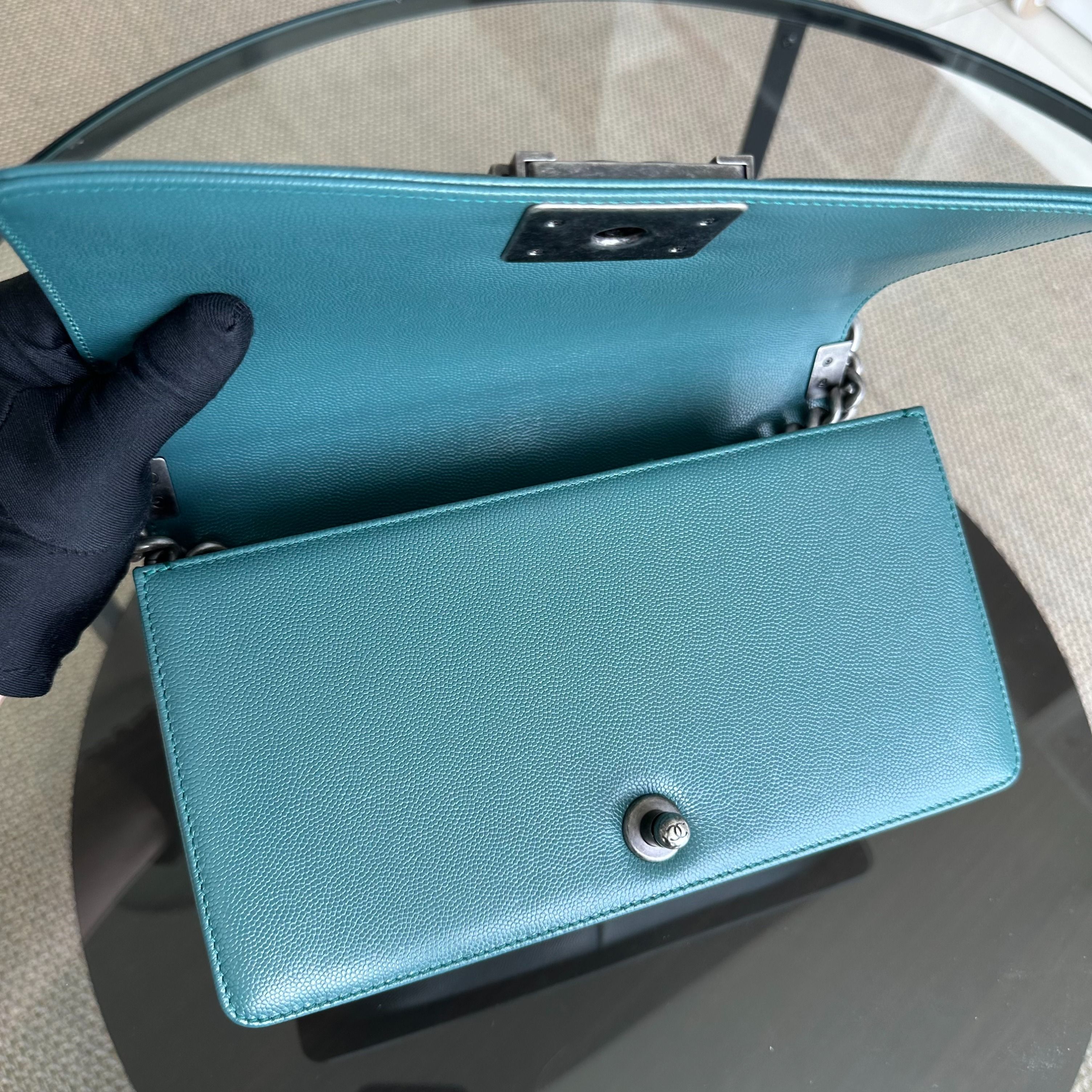 Chanel Caviar Boy Old Medium 25CM Chevron Green Blue Leboy RSHW No 24 - Luxury Evermore