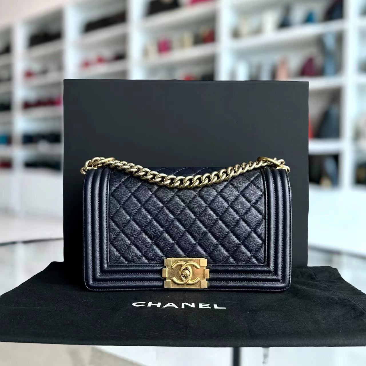 Chanel Caviar Boy Old Medium 25CM Quilted Calfskin Dark Blue Leboy GHW No 23 - Luxury Evermore