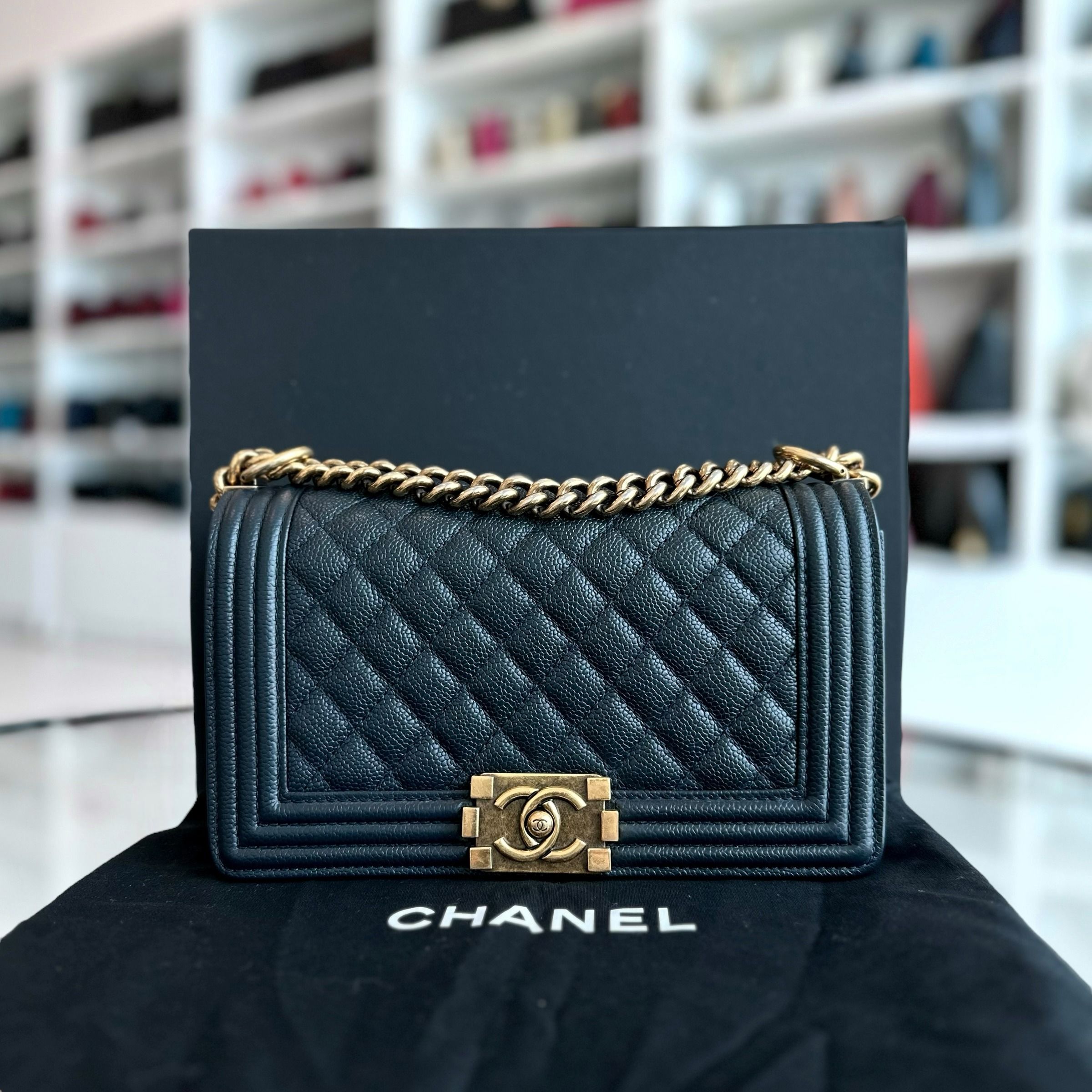 Chanel Caviar Boy Old Medium 25CM Quilted Calfskin Leboy Dark Blue RGHW No 20 - Luxury Evermore