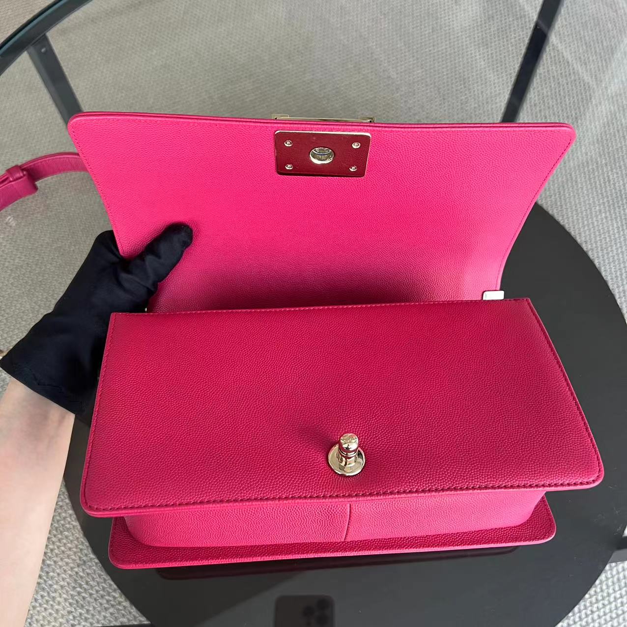 Chanel Caviar Boy Old Medium 25CM Quilted Grained Calfskin Hot Pink Golden Hardware Series 23 - Luxury Evermore