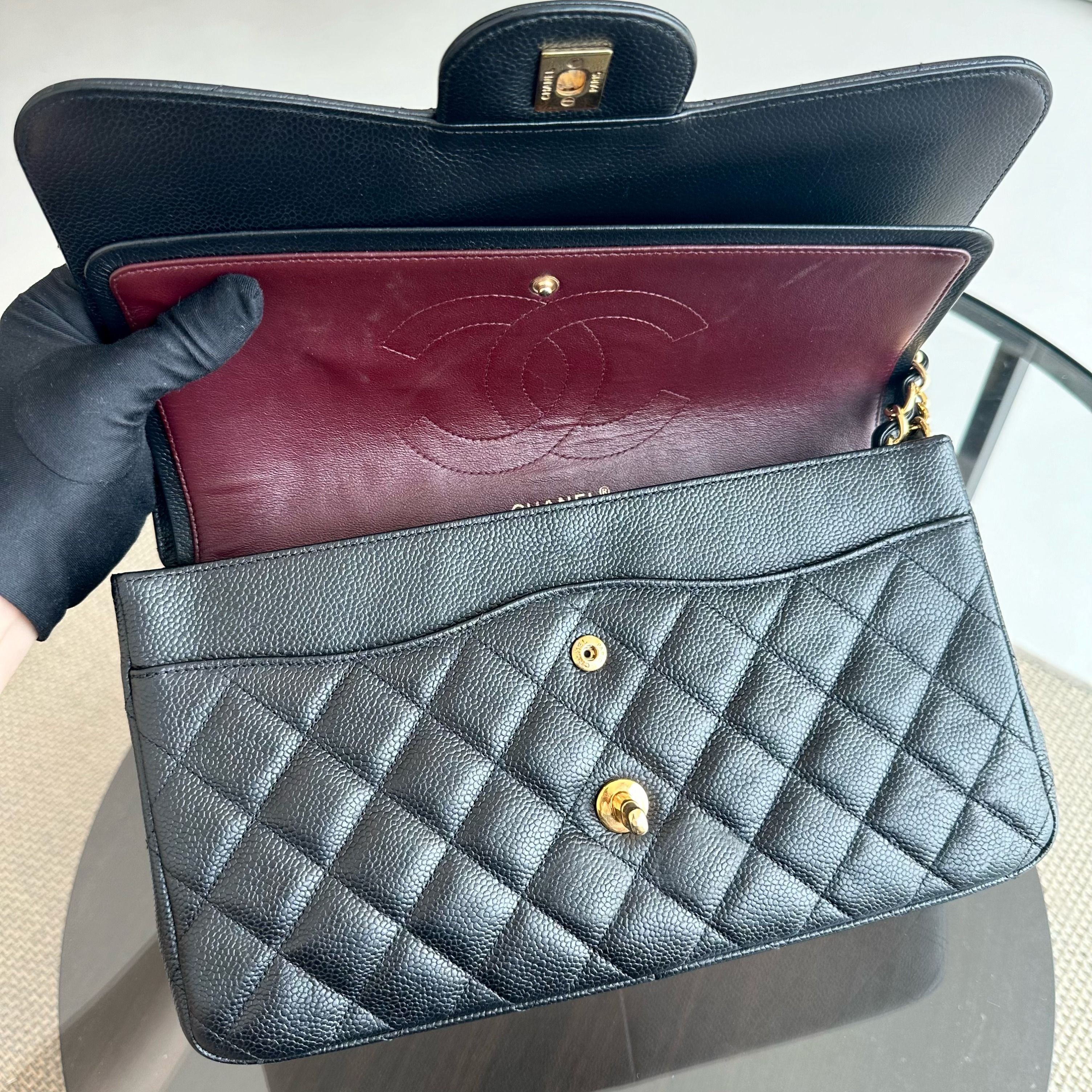 Chanel Caviar Double Flap Jumbo Classic Flap Black GHW No 18 - Luxury Evermore