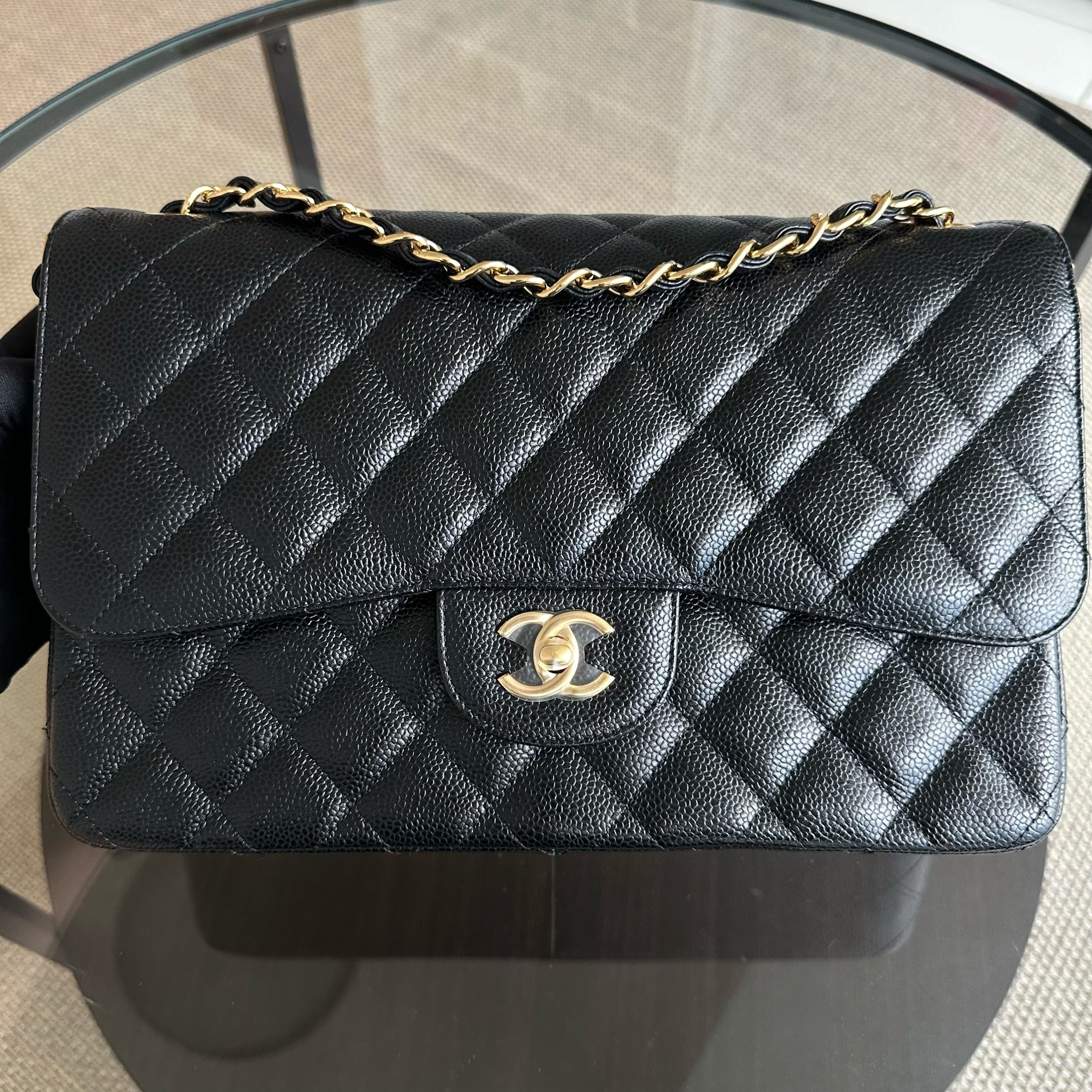 Chanel Caviar Double Flap Jumbo Classic Flap Black GHW No 23 - Luxury Evermore