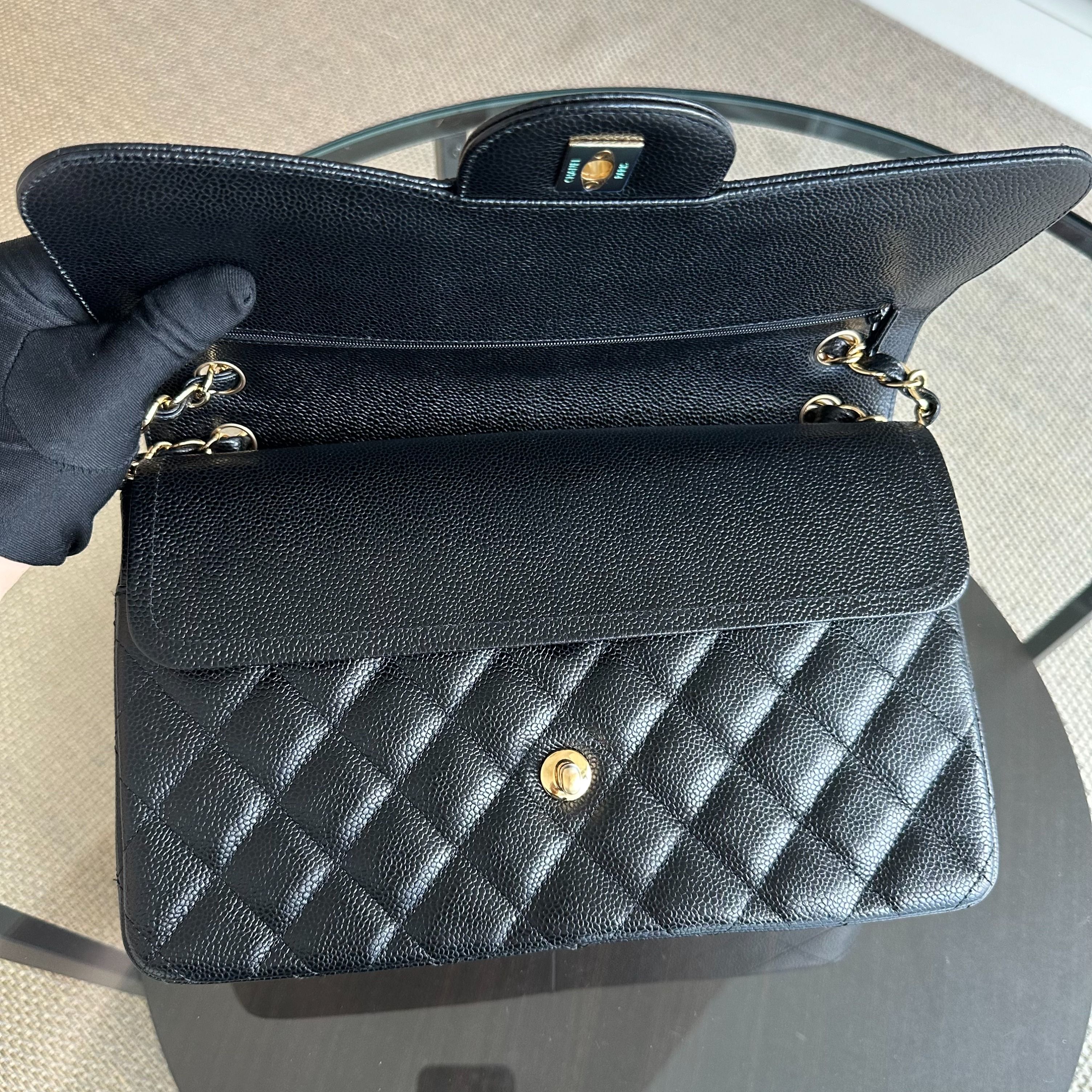 Chanel Caviar Double Flap Jumbo Classic Flap Black GHW No 23 - Luxury Evermore
