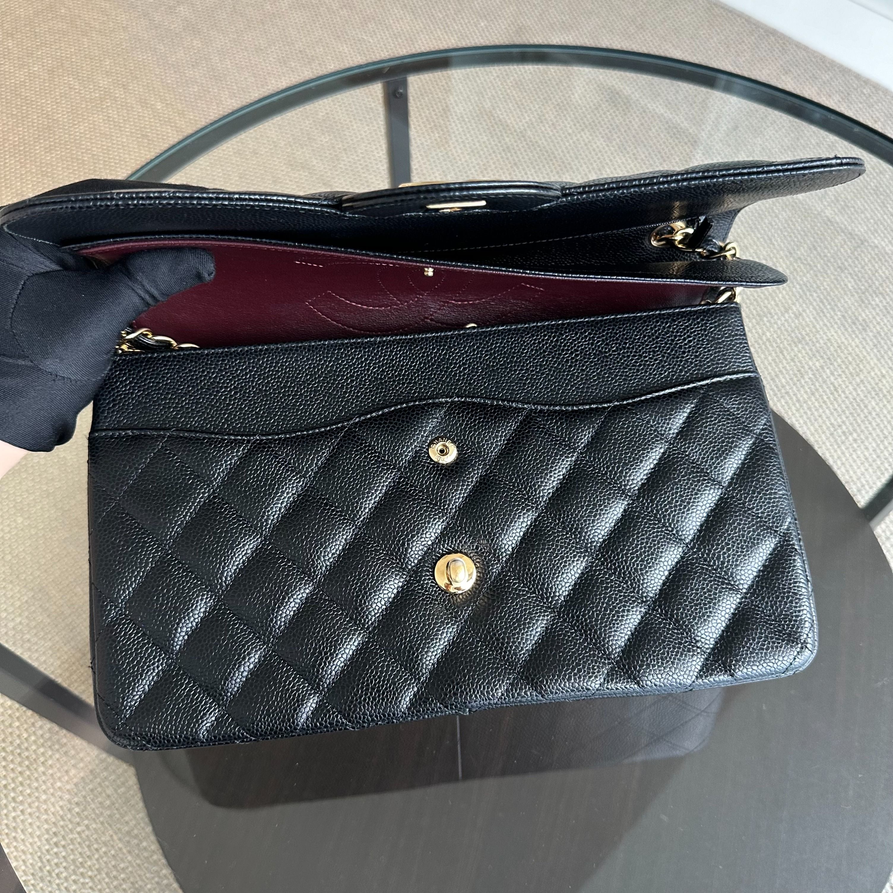 Chanel Caviar Double Flap Jumbo Classic Flap Black GHW No 23 - Luxury Evermore