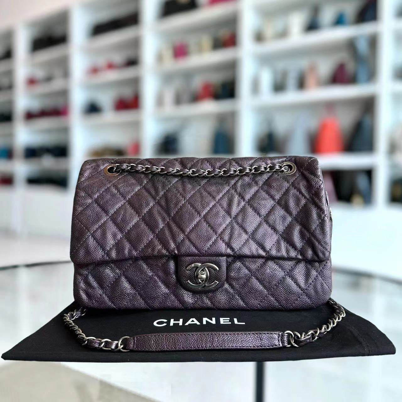 Chanel Caviar Easy Flap Jumbo 30CM Quilted Calfskin Purple RSHW No 16 - Luxury Evermore