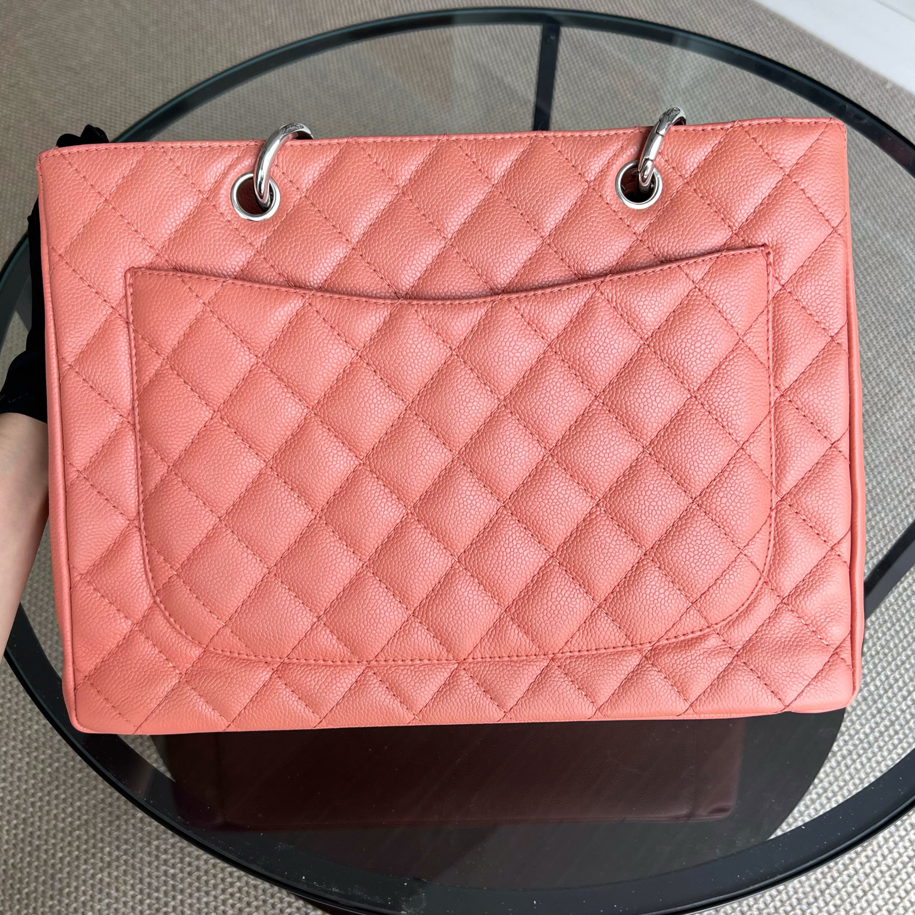 Chanel Caviar GST Grand Shopping Tote Quilted Grained Calfskin Coral Pink Silver Hardware Series 12 - Luxury Evermore