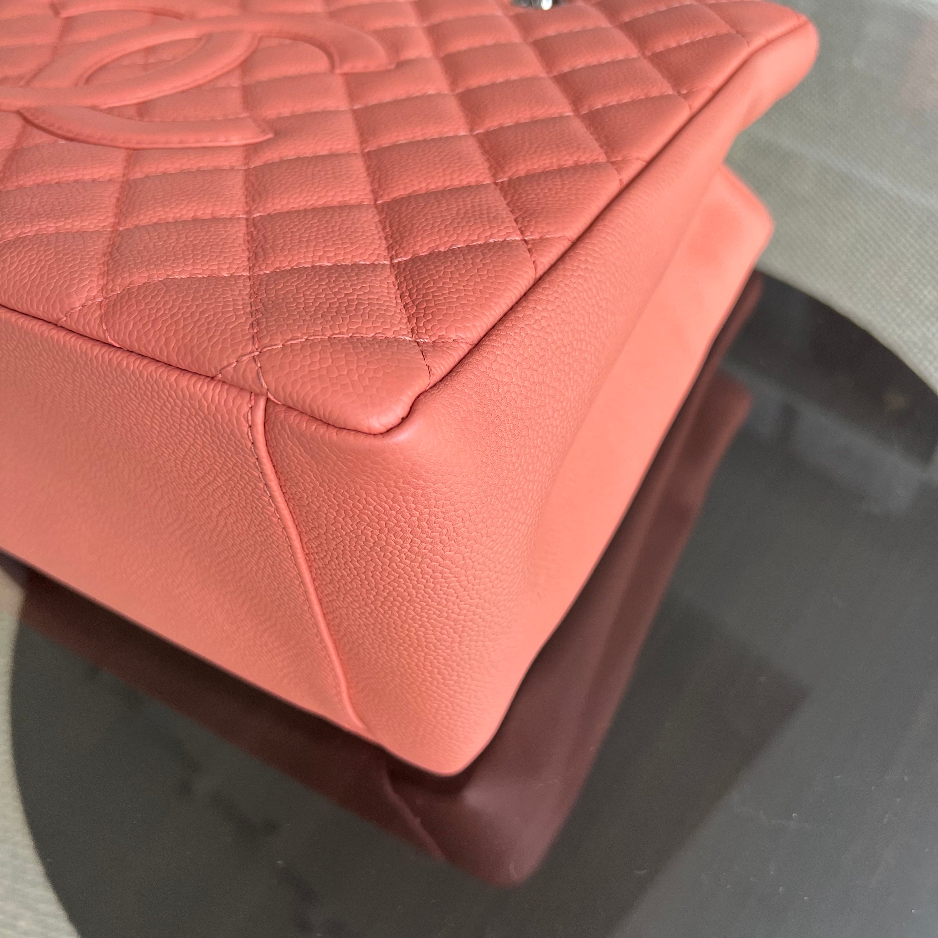 Chanel Caviar GST Grand Shopping Tote Quilted Grained Calfskin Coral Pink Silver Hardware Series 12 - Luxury Evermore
