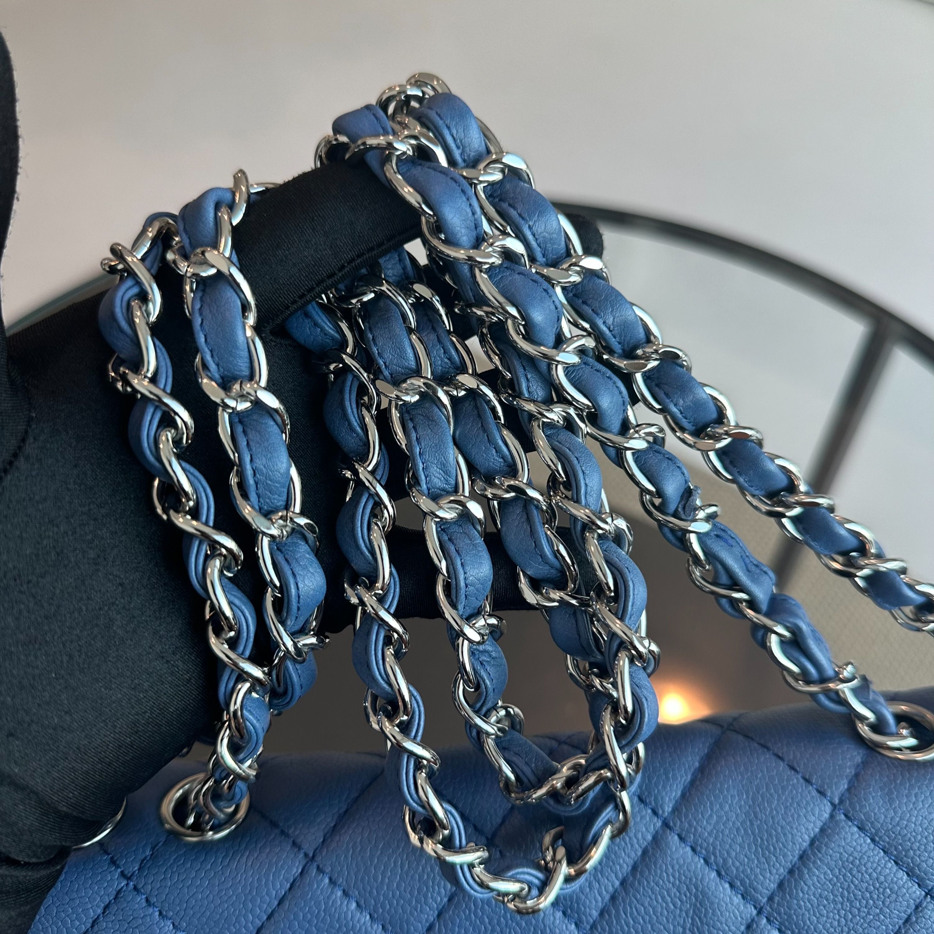 Chanel Caviar Jumbo Classic Flap 30CM Quilted Calfskin Blue SHW No 12 - Luxury Evermore