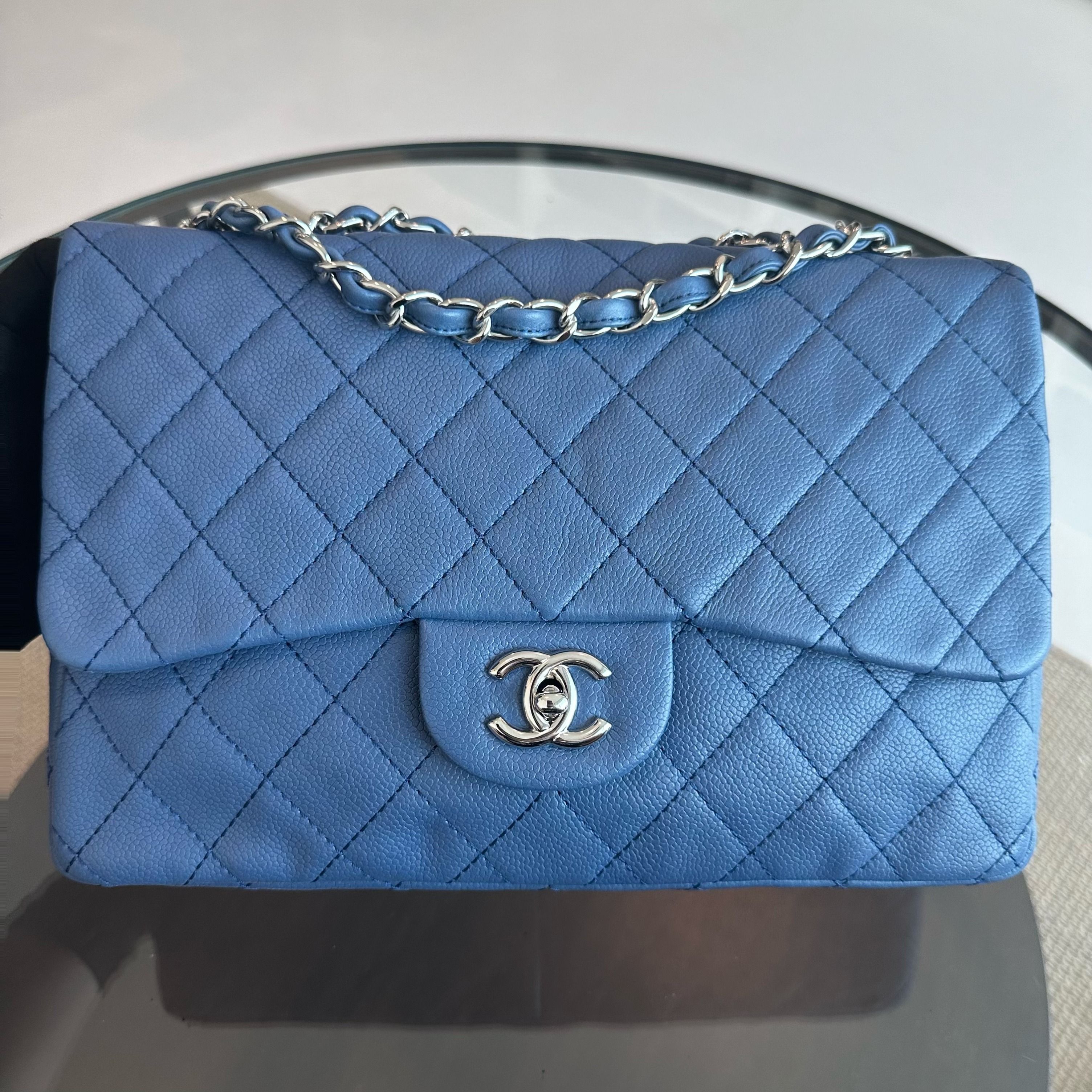 Chanel Caviar Jumbo Classic Flap 30CM Quilted Calfskin Blue SHW No 12 - Luxury Evermore