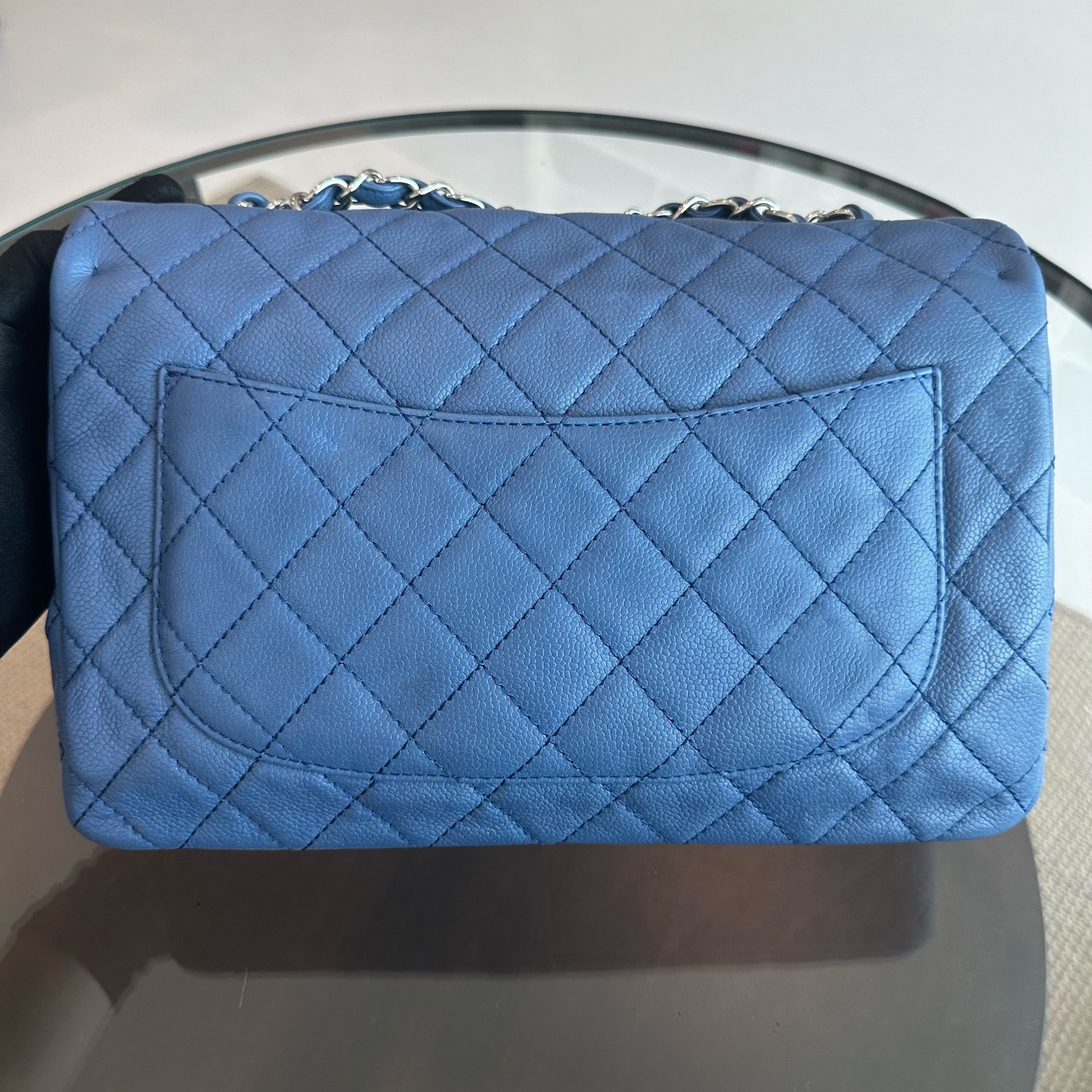 Chanel Caviar Jumbo Classic Flap 30CM Quilted Calfskin Blue SHW No 12 - Luxury Evermore
