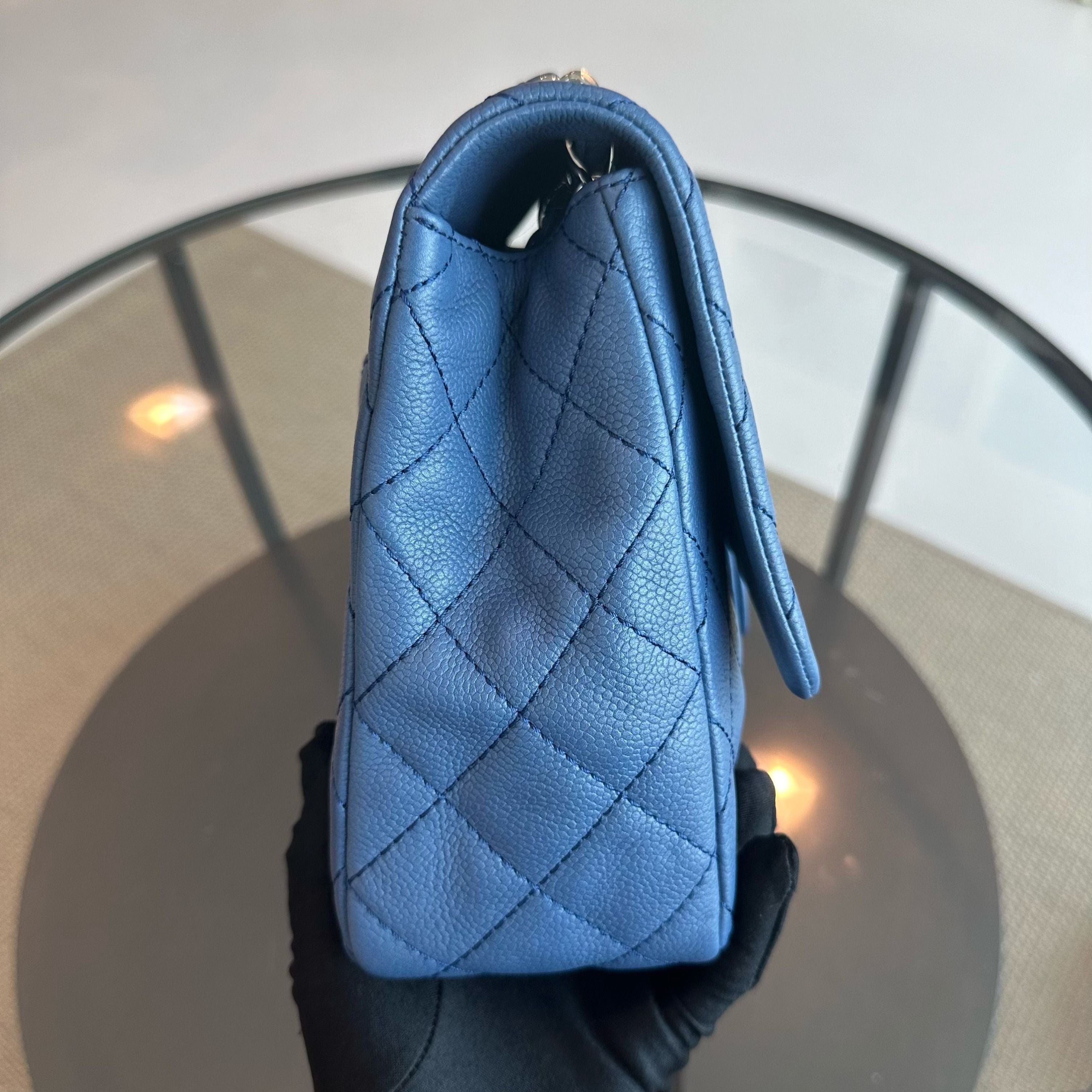 Chanel Caviar Jumbo Classic Flap 30CM Quilted Calfskin Blue SHW No 12 - Luxury Evermore