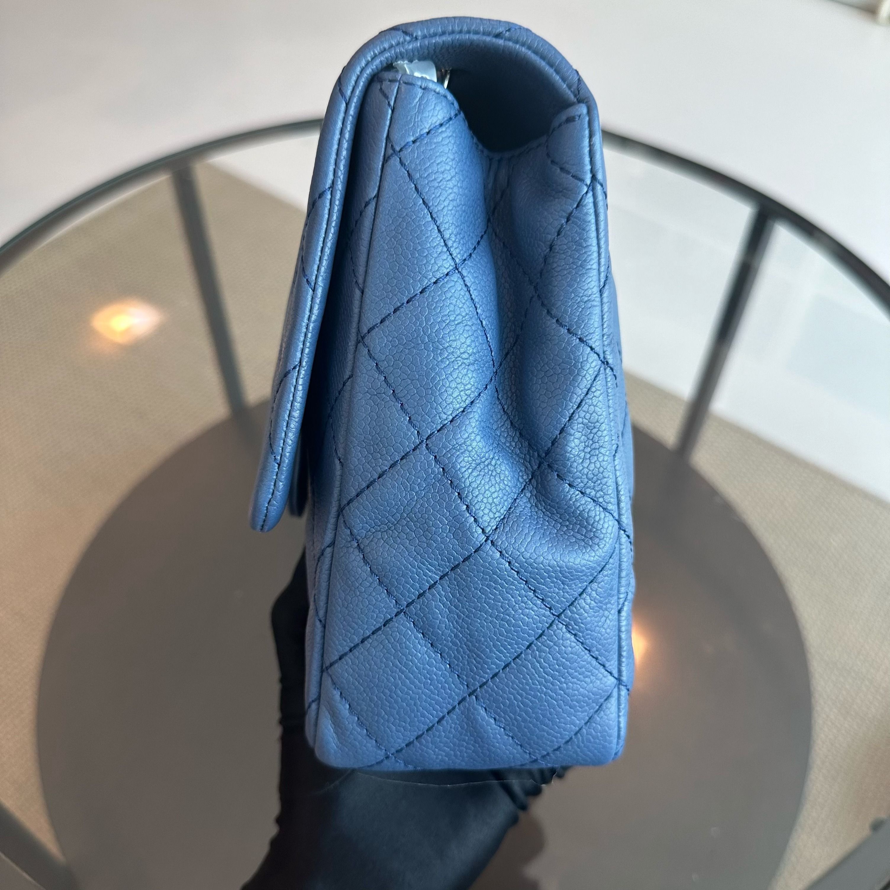 Chanel Caviar Jumbo Classic Flap 30CM Quilted Calfskin Blue SHW No 12 - Luxury Evermore